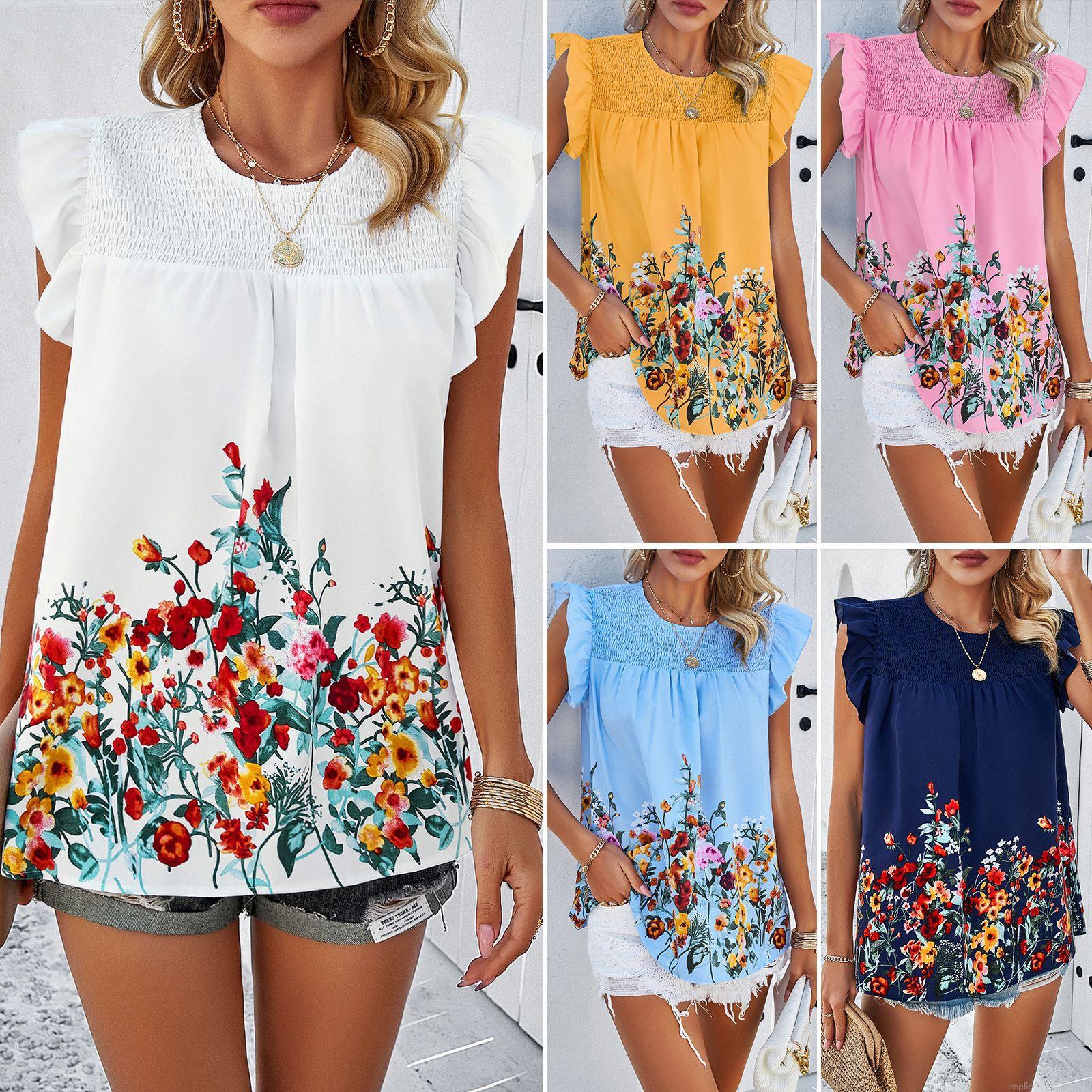 Women Floral Print Sleeveless Top Blouse Polyester Elastane Casual Summer Smocked Round Neck Ruffle Sleeve Loose Shirt For Women