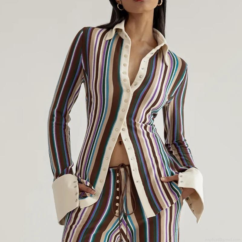 Fashion Women's Striped Long Sleeve Shirt Turn-down Collar Single Breasted Polyester Blend Casual Office Slim Fit Patchwork Streetwear Blouse Tops For Women Fashion Women's Striped Long Sleeve Shirt Turn-down Collar Single Breasted Polyester Blend Casual Office Slim Fit Patchwork Streetwear Blouse Tops For Women