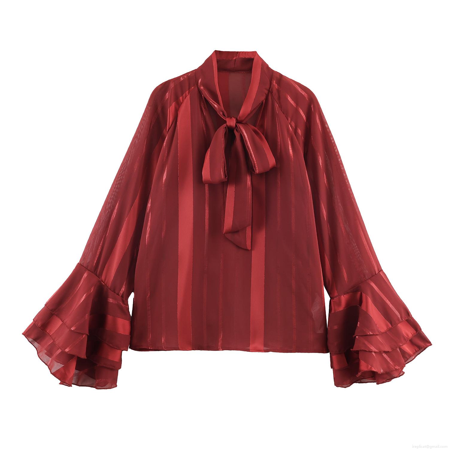 French Style Women Long Sleeve Blouse Striped Shiny Polyester Fabric Tie Neck Bow Shirt Multi Layer Flare Ruffle Sleeve Tops Elegant Ladies Party Apparel French Style Women Long Sleeve Blouse Striped Shiny Polyester Fabric Tie Neck Bow Shirt Multi Layer Flare Ruffle Sleeve Tops Elegant Ladies Party Apparel