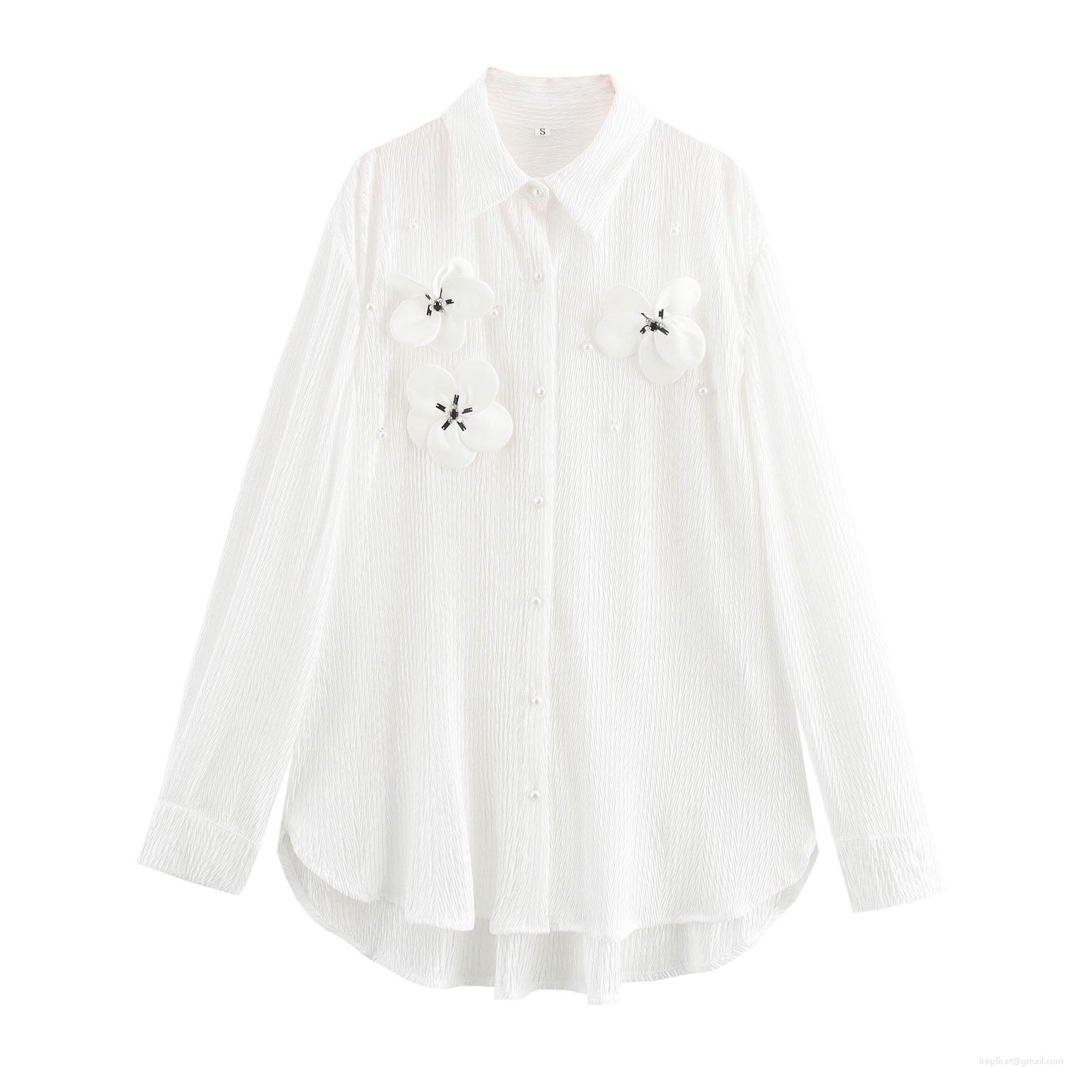 Women's Textured White Blouse 3D Fabric Flower Decoration Pearl Button Lapel Shirt Casual Vacation Puff Sleeve Top