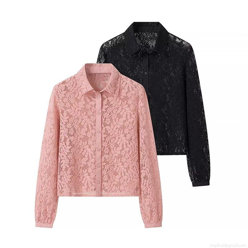 Elegant Floral Lace Long Sleeve Blouse Women Sexy Sheer Polo Collar Button Down Shirt Top Fashion Party Wear Black Pink Elegant Floral Lace Long Sleeve Blouse Women Sexy Sheer Polo Collar Button Down Shirt Top Fashion Party Wear Black Pink