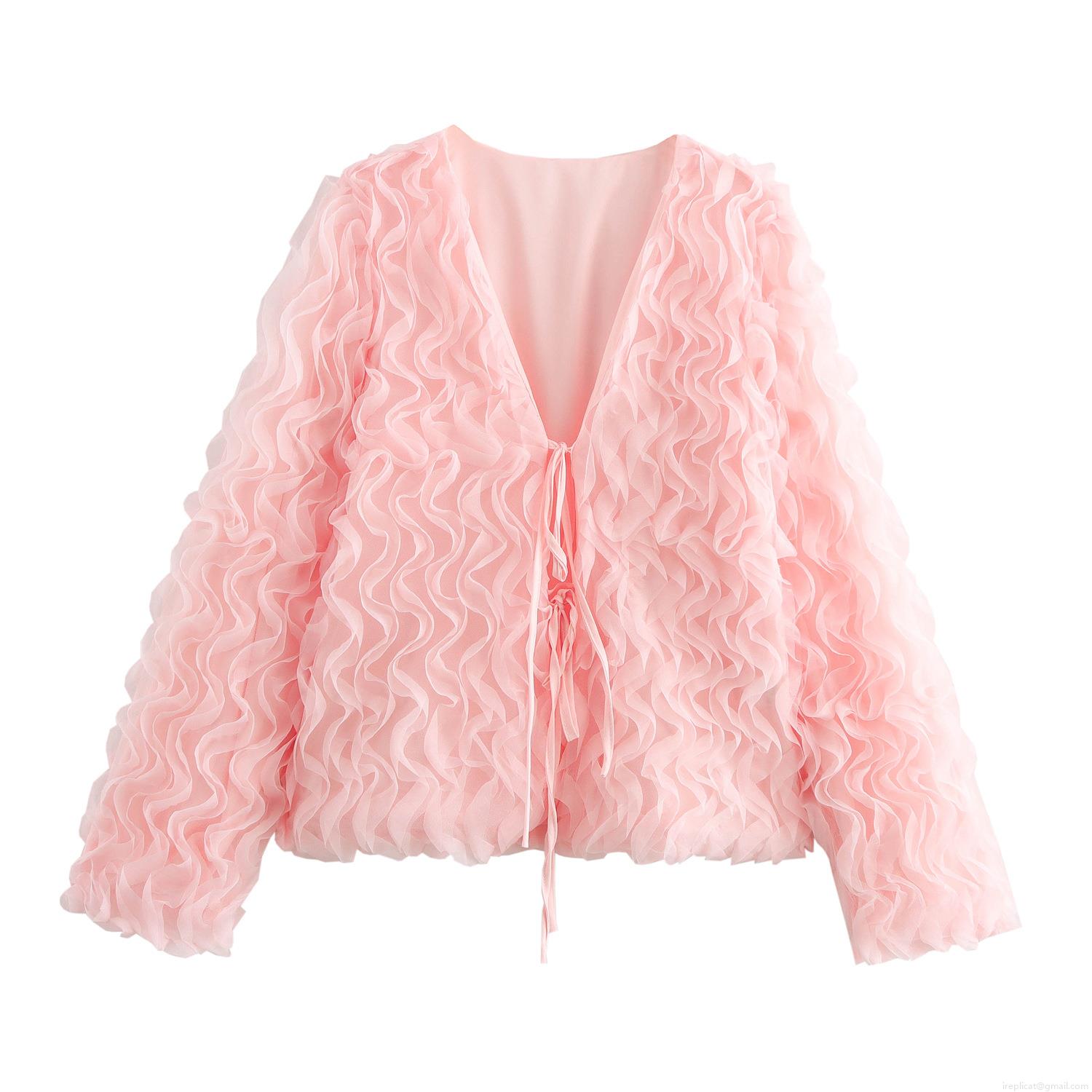 Elegant Pink Lace Mesh Blouse Women Sweet 3D Ripple Ruffle V-Neck Tie-Up Long Sleeve Top For Wedding Party Guest Romantic Celebrity Style Elegant Pink Lace Mesh Blouse Women Sweet 3D Ripple Ruffle V-Neck Tie-Up Long Sleeve Top For Wedding Party Guest Romantic Celebrity Style