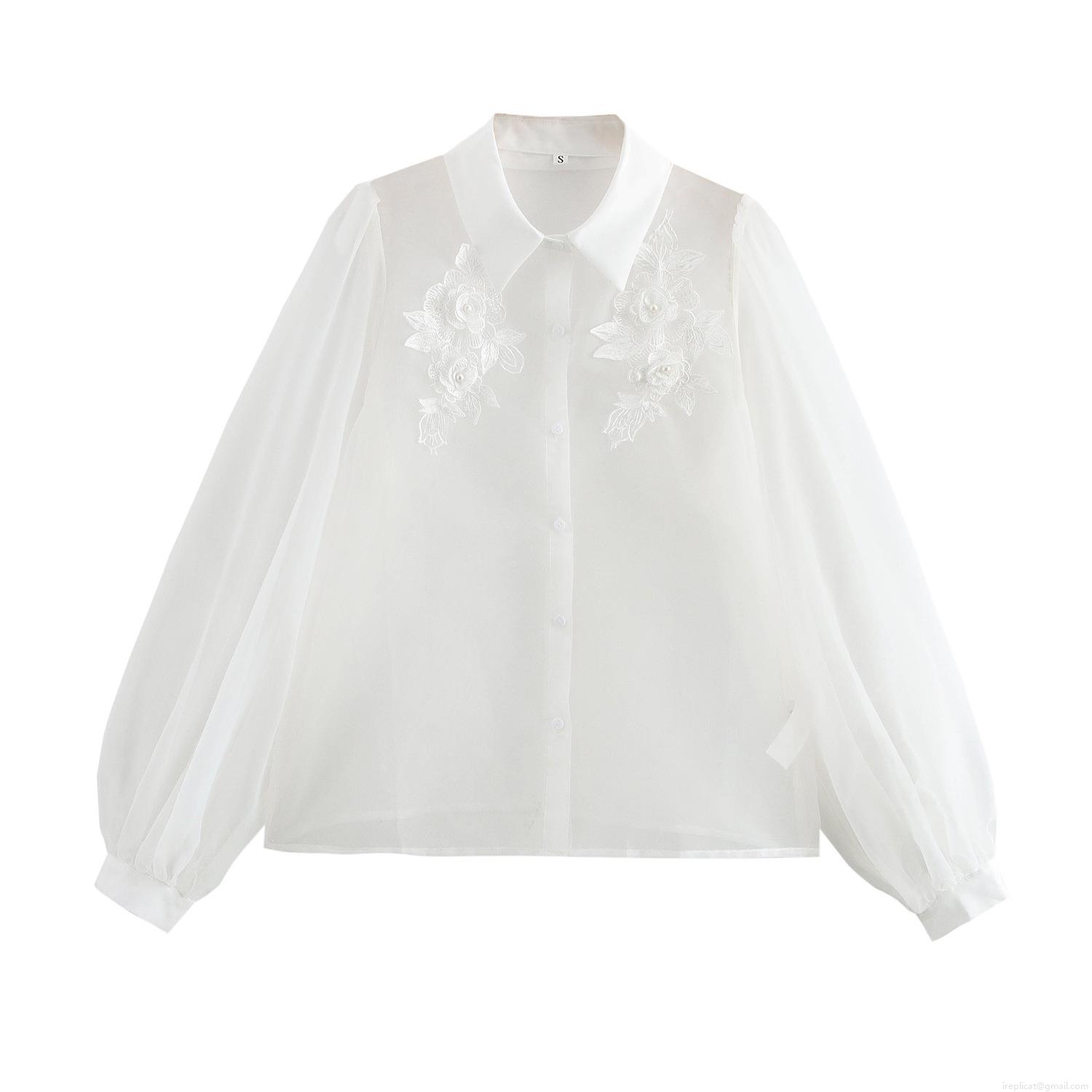 Elegant French Vintage Organza Blouse Women's Sheer Mesh Floral Embroidery Top With Pearls Lantern Long Sleeve Turnover Collar Button Down Loose Shirt For Vacation Elegant French Vintage Organza Blouse Women's Sheer Mesh Floral Embroidery Top With Pearls Lantern Long Sleeve Turnover Collar Button Down Loose Shirt For Vacation