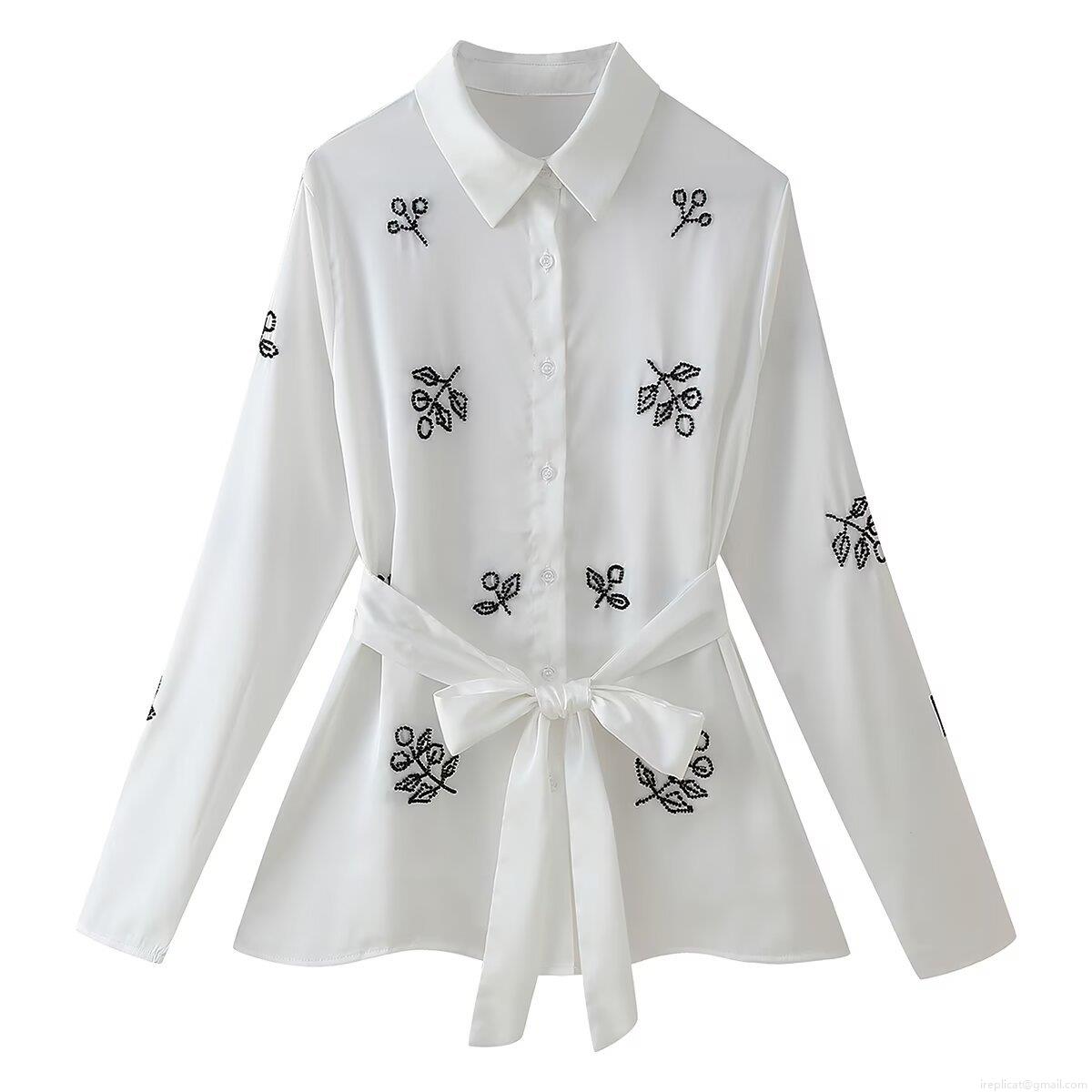 Elegant White Beaded Leaf Pattern Blouse Women's Long Sleeve Lapel Waist Tie Shirt Office Commute Polyester Tops For Lady Elegant White Beaded Leaf Pattern Blouse Women's Long Sleeve Lapel Waist Tie Shirt Office Commute Polyester Tops For Lady