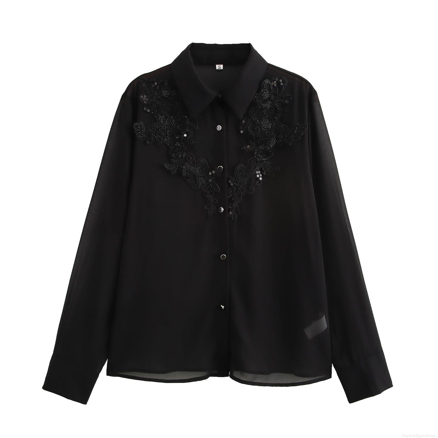 Elegant Women Black Chiffon Blouse Sequin Beaded Flower Embroidery Turn-Down Collar Loose Long Sleeve Button Down Shirt For Office Commute Party Elegant Women Black Chiffon Blouse Sequin Beaded Flower Embroidery Turn-Down Collar Loose Long Sleeve Button Down Shirt For Office Commute Party