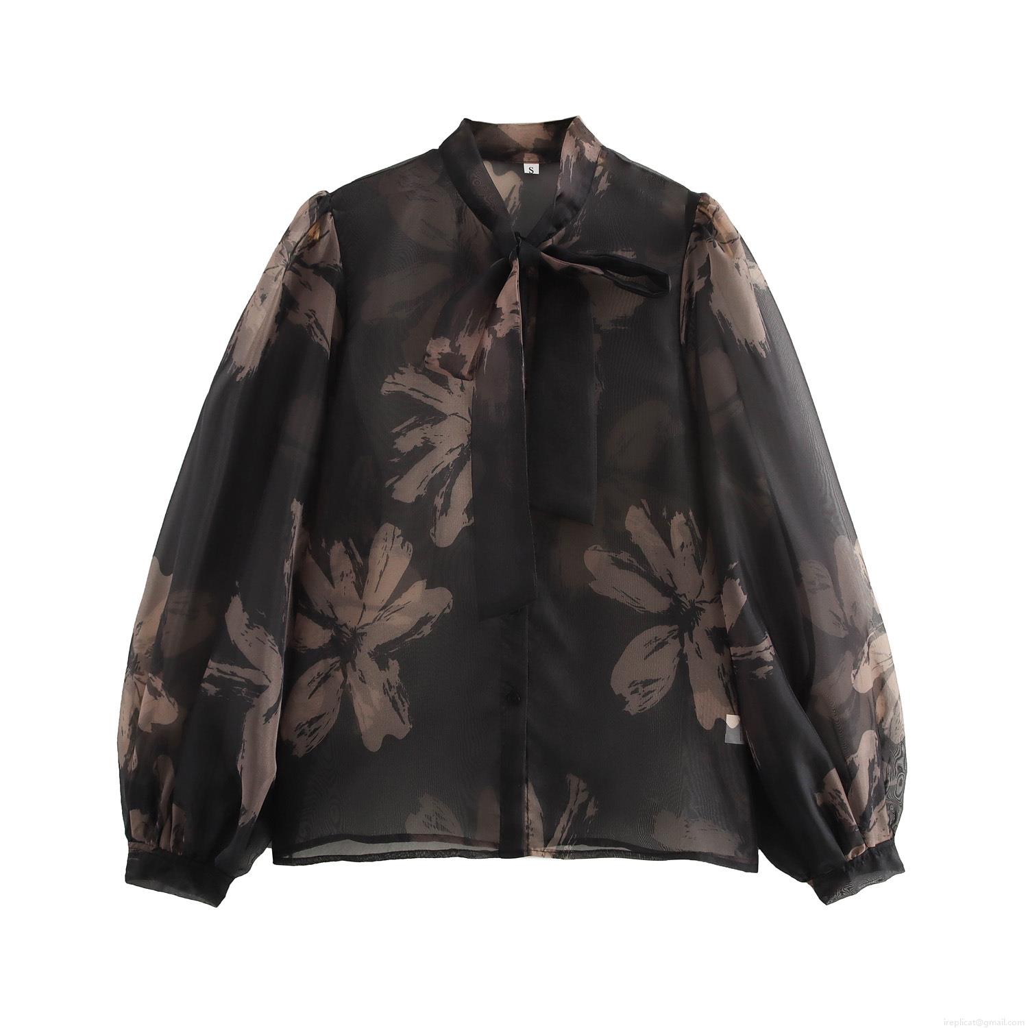 Elegant Women's Floral Print Organza Blouse Sheer Mesh Long Sleeve Top With Bow Tie Neck Vintage Loose Fit See-Through Shirt For Office Party Daily Wear