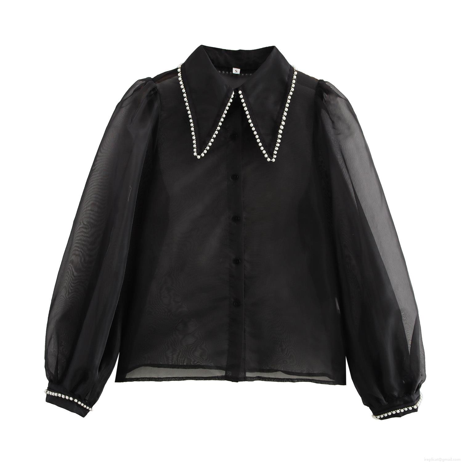 Elegant Women Black Organza Blouse With Pearl Trim Lapel Collar Lantern Long Sleeve Loose Sheer Mesh Shirt Top For Office Party Lady Elegant Women Black Organza Blouse With Pearl Trim Lapel Collar Lantern Long Sleeve Loose Sheer Mesh Shirt Top For Office Party Lady