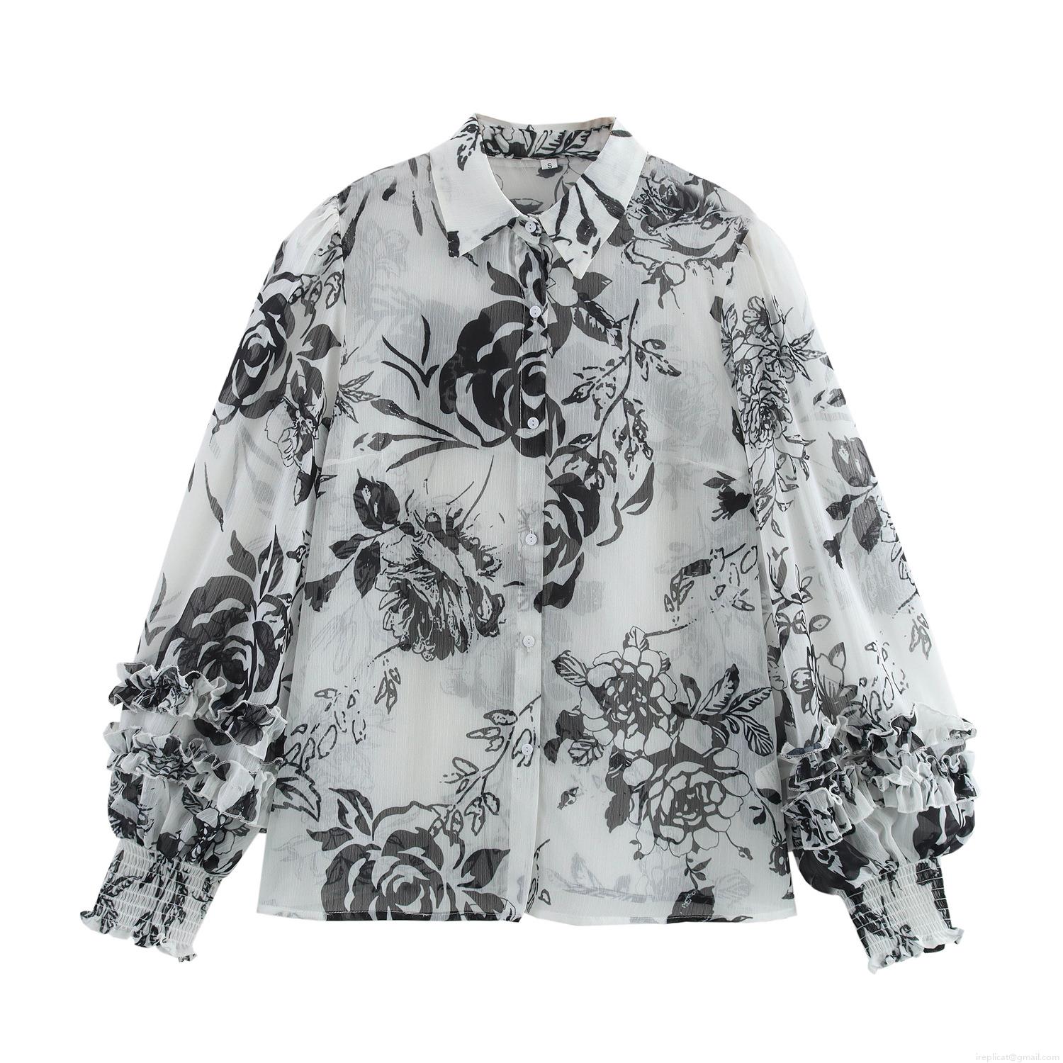 Vintage Floral Print Chiffon Blouse Elegant Wood Ear Ruffle Trim Long Puff Sleeve Sheer Button Down Shirt For Women Daily Vacation Spring Autumn Fashion Tops Vintage Floral Print Chiffon Blouse Elegant Wood Ear Ruffle Trim Long Puff Sleeve Sheer Button Down Shirt For Women Daily Vacation Spring Autumn Fashion Tops