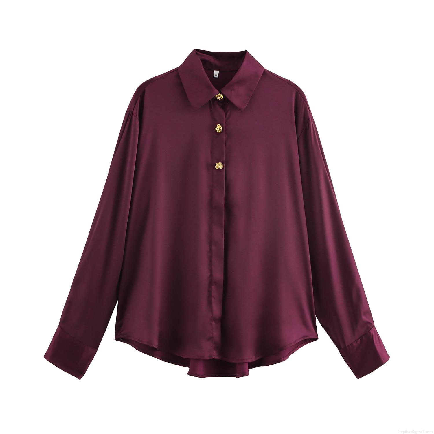 Elegant Satin Blouse For Women Long Sleeve Silk Like Button Down Shirt Urban Commuter Office Tops With Gold Metal Buttons Elegant Satin Blouse For Women Long Sleeve Silk Like Button Down Shirt Urban Commuter Office Tops With Gold Metal Buttons