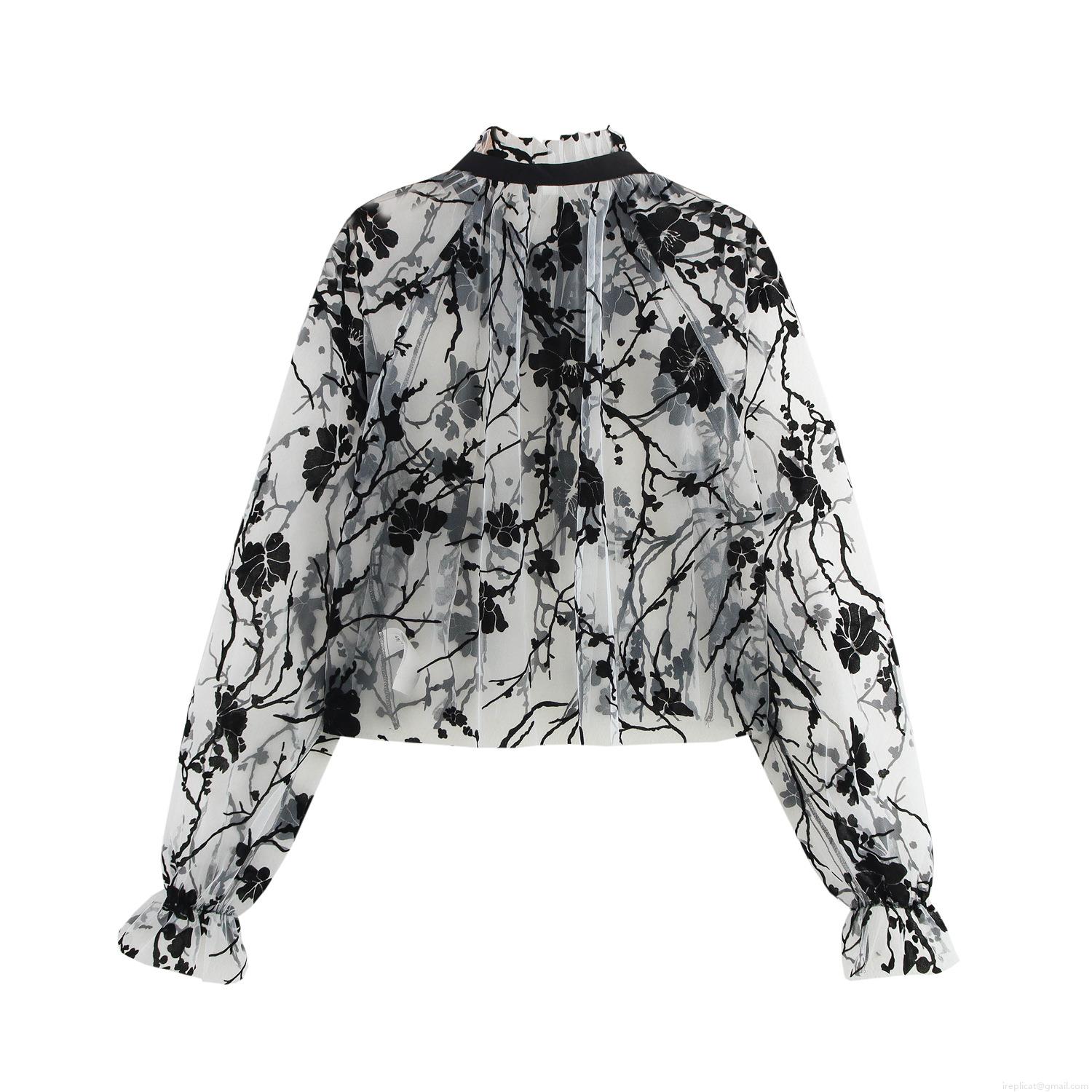Women's Vintage Sheer Mesh Blouse Sexy Flocking Floral Lace-up Stand Collar Long Sleeve Ruffle Cuff Pullover Top Elegant Party Casual Shirt