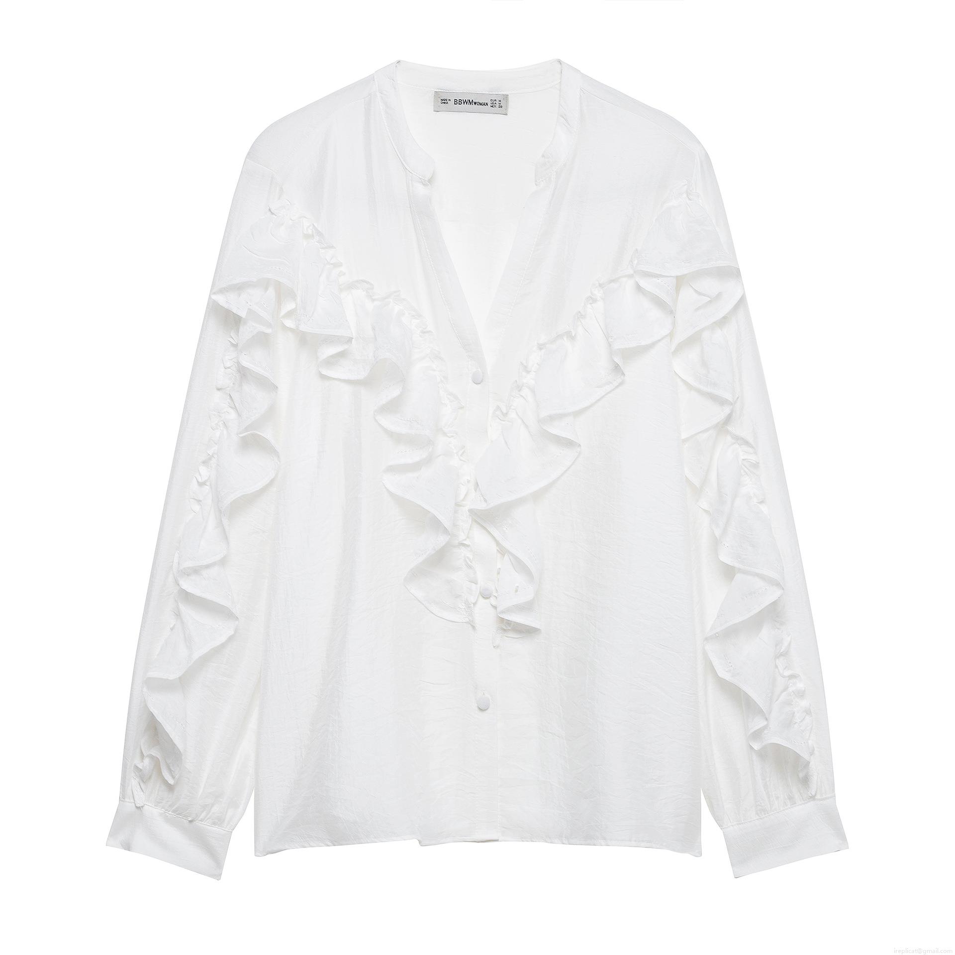 Women Elegant V Neck Ruffle Blouse Solid Color Long Sleeve Polyester Shirt Sweet Wood Ear Trim Office Commuter Top Blouse For Women