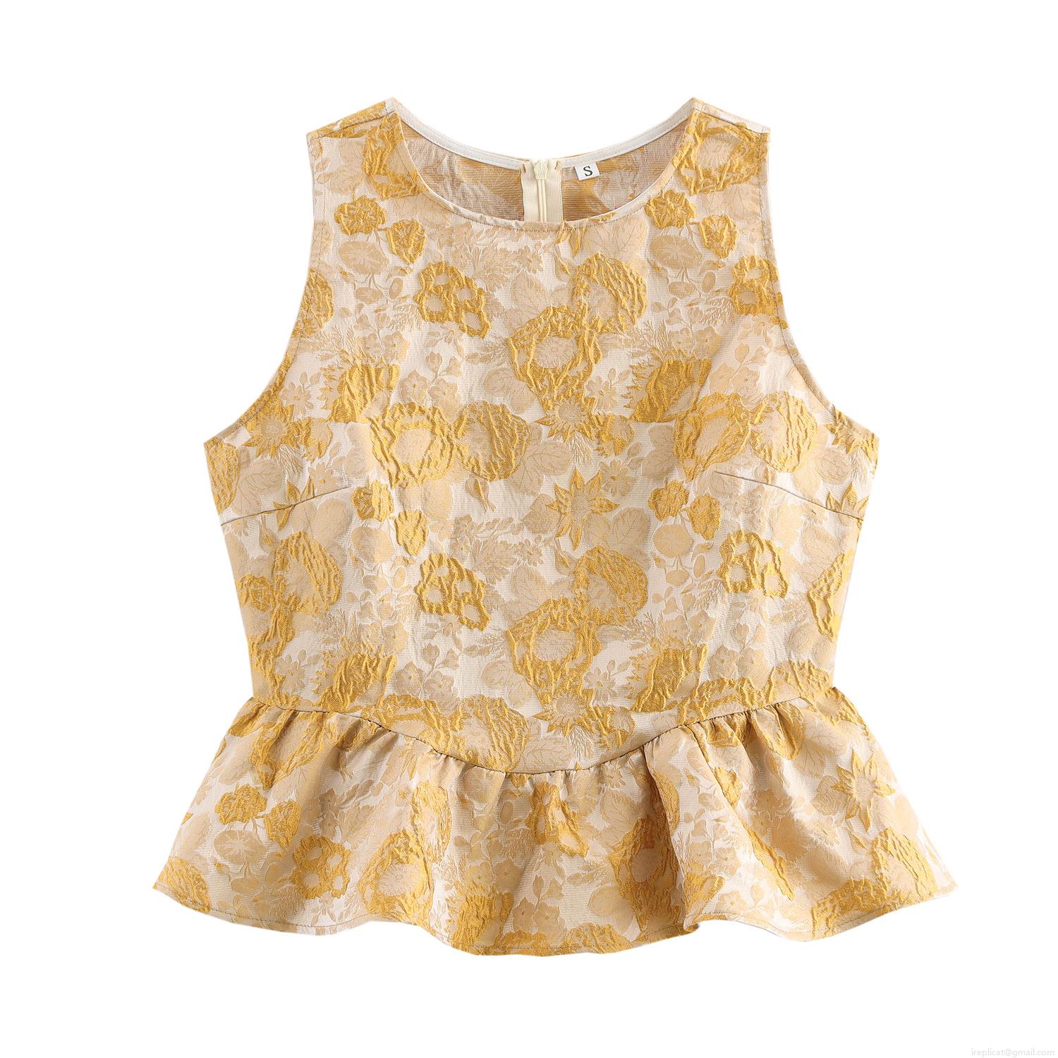 Elegant Floral Jacquard Peplum Top Women Sleeveless Round Neck Ruffle Hem Blouse With Hidden Back Zipper Classic Western Style Summer Party Shirt Elegant Floral Jacquard Peplum Top Women Sleeveless Round Neck Ruffle Hem Blouse With Hidden Back Zipper Classic Western Style Summer Party Shirt