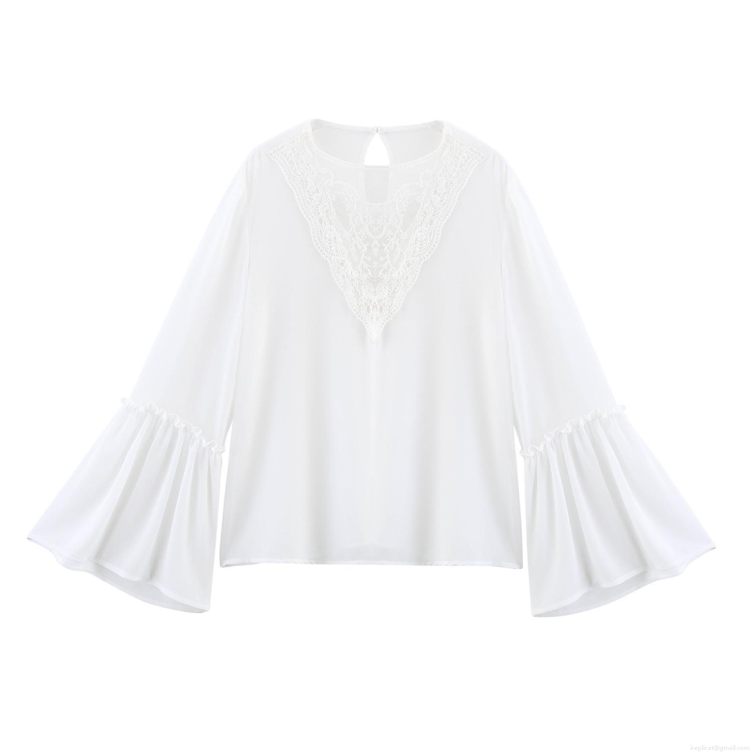 Elegant Women White Chiffon Blouse With Lace Patchwork Long Bell Sleeve Pullover Top For Office Dating Casual Ladies Fashion Shirt Elegant Women White Chiffon Blouse With Lace Patchwork Long Bell Sleeve Pullover Top For Office Dating Casual Ladies Fashion Shirt