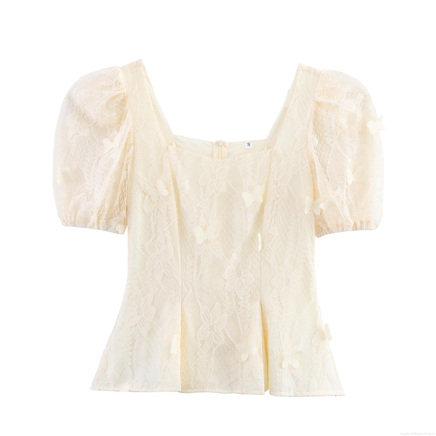 French Retro Lace Blouse With 3D Butterfly Appliques Square Neck Puff Sleeve Mesh Top For Women Sweet Elegant Summer Party Shirt French Retro Lace Blouse With 3D Butterfly Appliques Square Neck Puff Sleeve Mesh Top For Women Sweet Elegant Summer Party Shirt