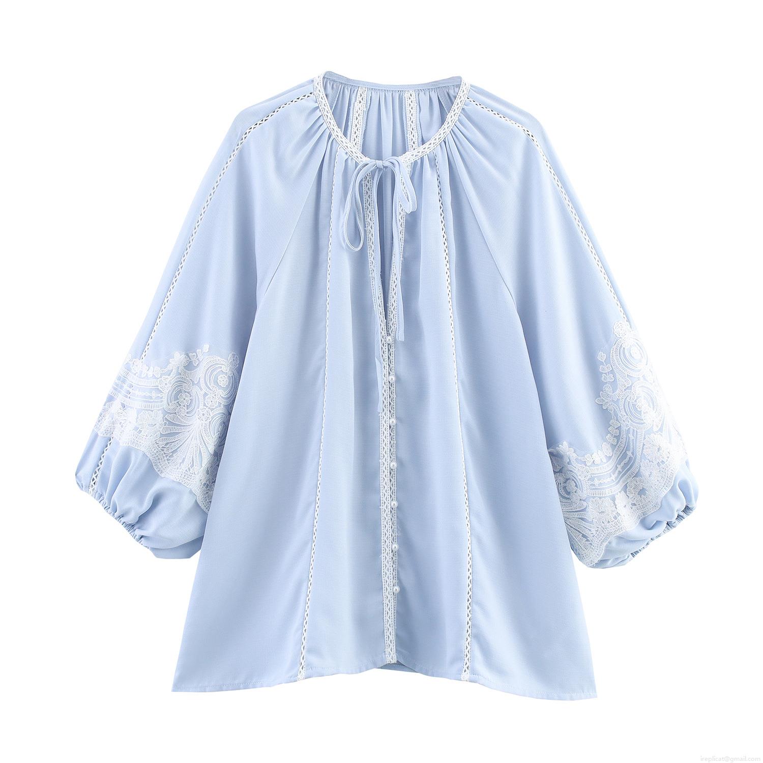 French Romantic Lace Stitching Women Blouse Light Blue Lantern Long Sleeve Tie Neck Top Bohemian Pastoral Style Casual Blouse for Women French Romantic Lace Stitching Women Blouse Light Blue Lantern Long Sleeve Tie Neck Top Bohemian Pastoral Style Casual Blouse for Women