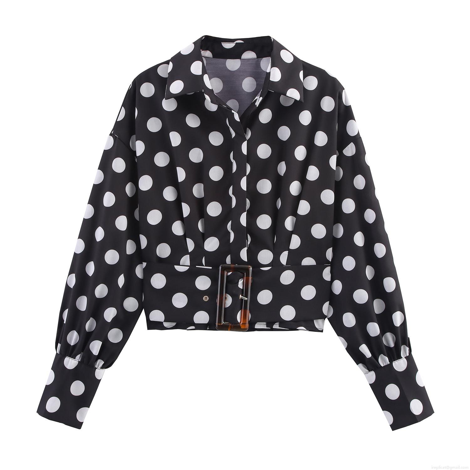 Retro Polka Dot Long Sleeve Blouse For Women Elegant Lapel Waist Cinched Shirt With Amber Resin Buckle Belt Office Commute Polyester Top Retro Polka Dot Long Sleeve Blouse For Women Elegant Lapel Waist Cinched Shirt With Amber Resin Buckle Belt Office Commute Polyester Top