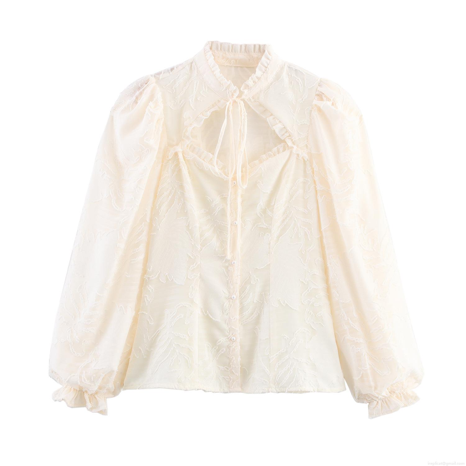 French Style Sweet Milk White Jacquard Long Sleeve Shirt Women Hollow Lace Up Ruffle Stand Collar Blouse Pearl Buttons Spring Slim Fit Elegant Tops French Style Sweet Milk White Jacquard Long Sleeve Shirt Women Hollow Lace Up Ruffle Stand Collar Blouse Pearl Buttons Spring Slim Fit Elegant Tops
