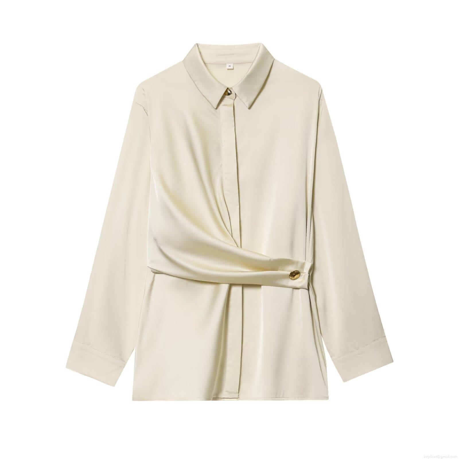 Elegant Women Acetate Satin Long Sleeve Blouse Turnover Collar Single Breasted Shirt With Waist Twist Pleated Design Metal Button For Office Street Casual Champagne Beige Elegant Women Acetate Satin Long Sleeve Blouse Turnover Collar Single Breasted Shirt With Waist Twist Pleated Design Metal Button For Office Street Casual Champagne Beige