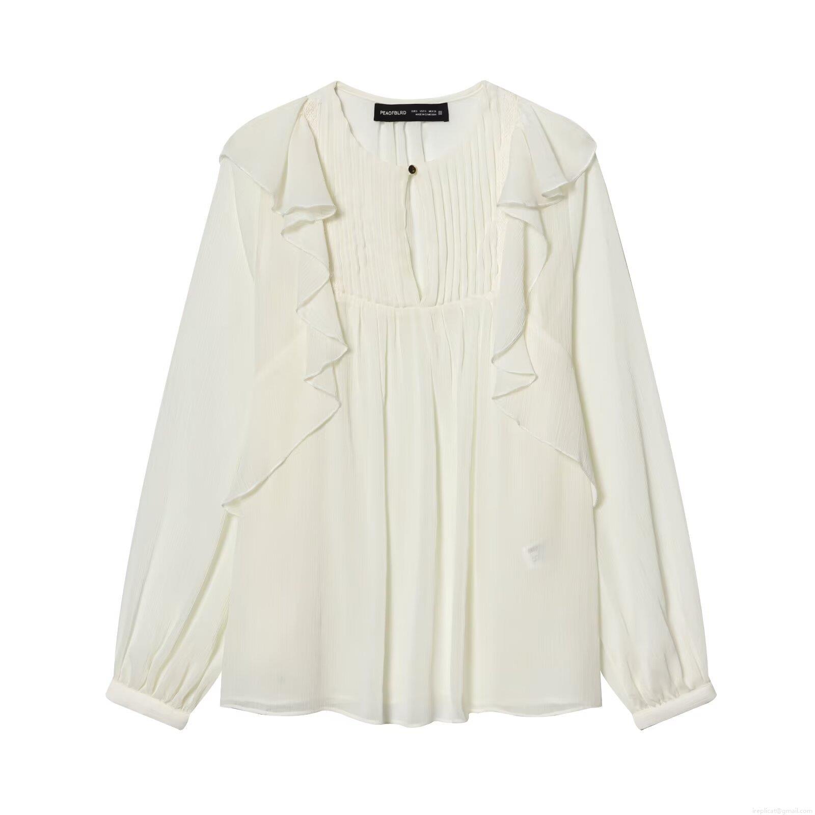 Women's Elegant Ruffle Long Sleeve Blouse Off White Polyester Cotton Blend Pleated Round Neck Pullover Shirt Stylish Streetwear Fashion Tops