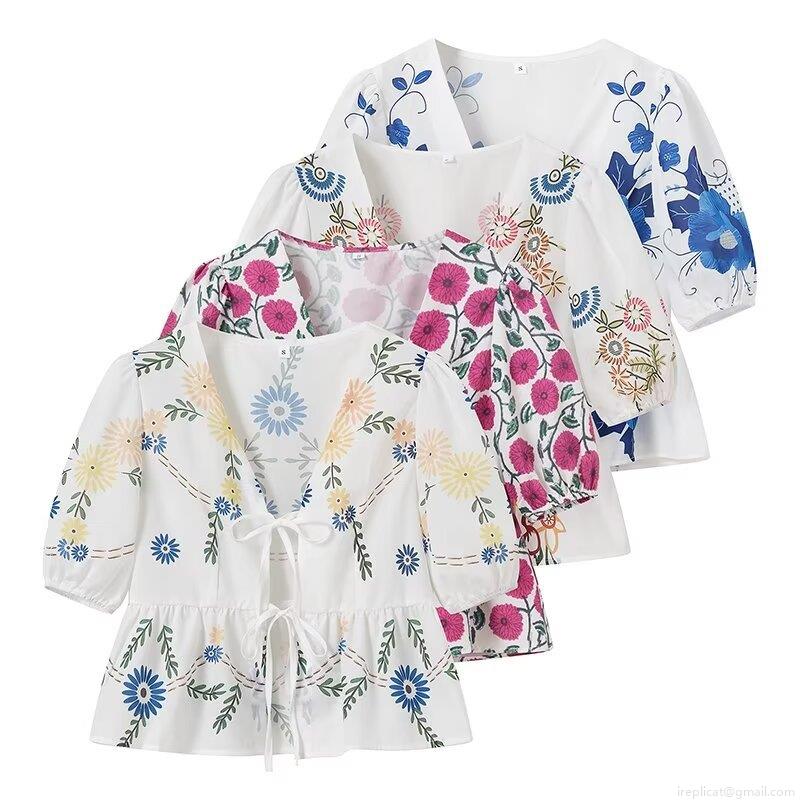 Women's Summer Short Sleeve V Neck Tie Front Blouse Top Puff Sleeve Peplum Floral Printed Polyester Woven Shirt Casual French Style Elegant Streetwear For Women
