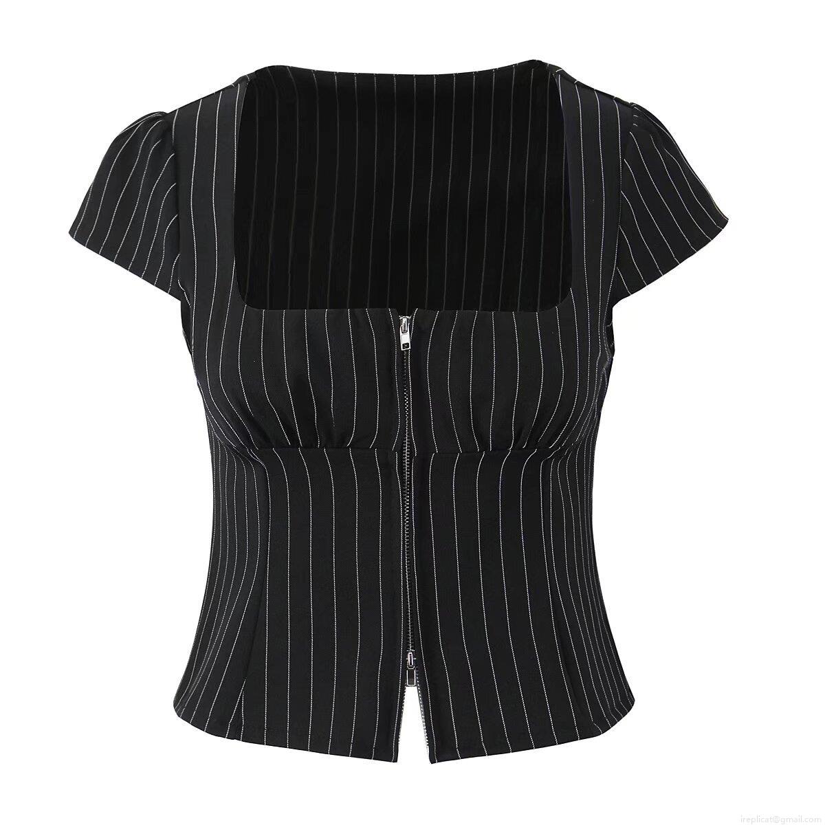Women's Pinstripe Square Neck Shirt With Front Two-Way Zipper Polyester Spandex Short Sleeve Slim Fit Crop Top For Casual Streetwear Women Fashion Blouse Women's Pinstripe Square Neck Shirt With Front Two-Way Zipper Polyester Spandex Short Sleeve Slim Fit Crop Top For Casual Streetwear Women Fashion Blouse