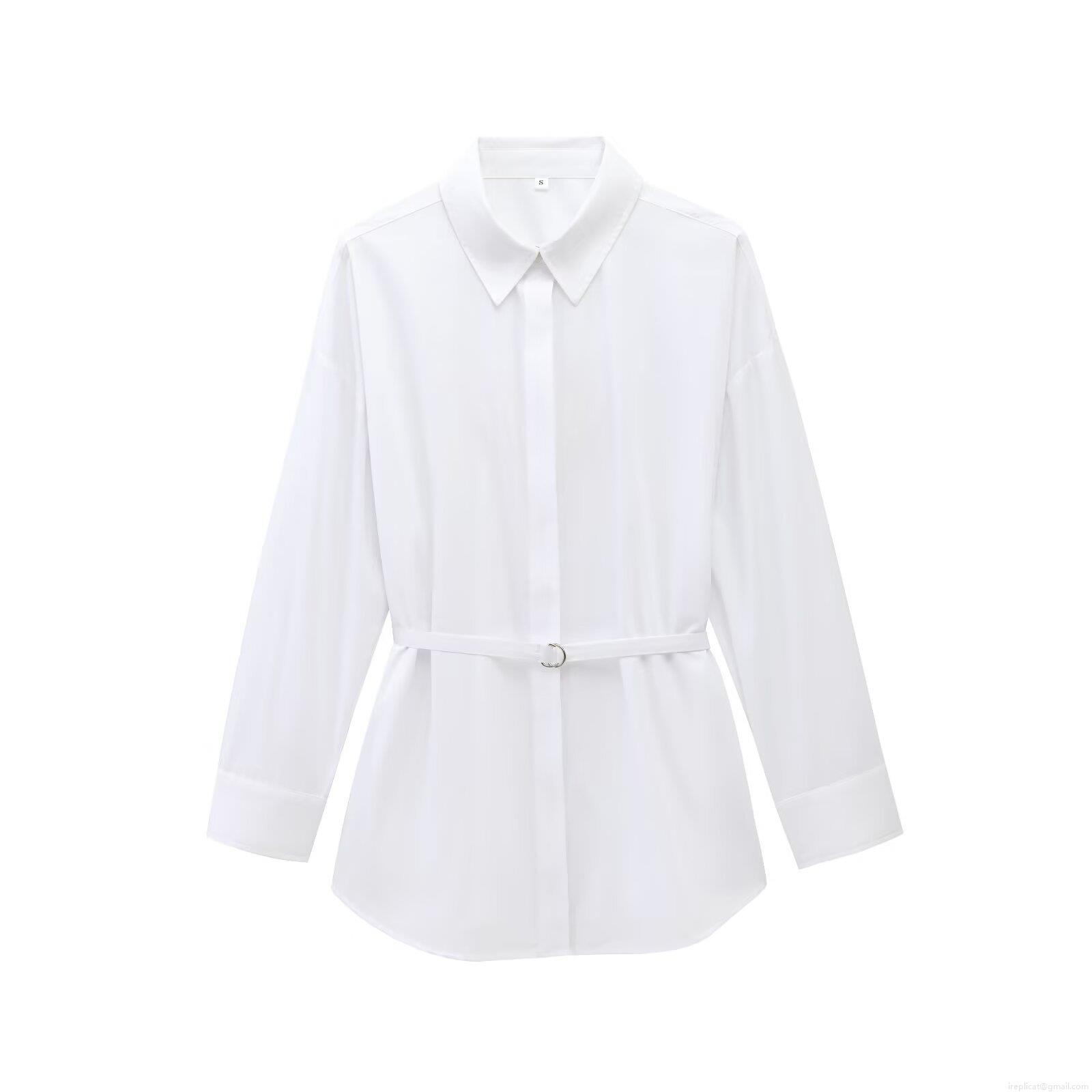 White Long Sleeve Blouse Shirt With Belt Women's Casual Lapel Button Down Street Style Poplin Top For Office Daily Wear Fashion Lady White Long Sleeve Blouse Shirt With Belt Women's Casual Lapel Button Down Street Style Poplin Top For Office Daily Wear Fashion Lady