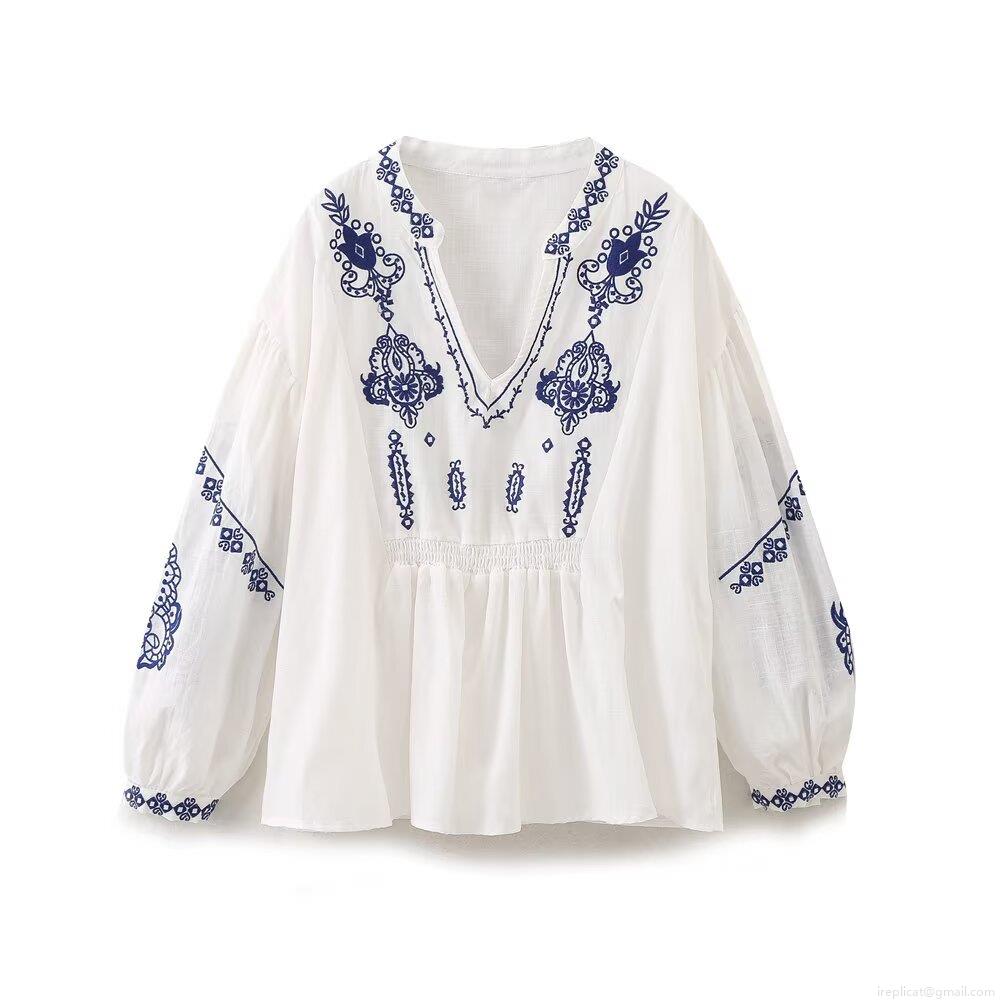 Women Bohemian V Neck Cotton Polyester Blouse With Blue Ethnic Embroidery Long Lantern Sleeve Casual Smocked Waist Pullover Shirt Top For Ladies Women Bohemian V Neck Cotton Polyester Blouse With Blue Ethnic Embroidery Long Lantern Sleeve Casual Smocked Waist Pullover Shirt Top For Ladies