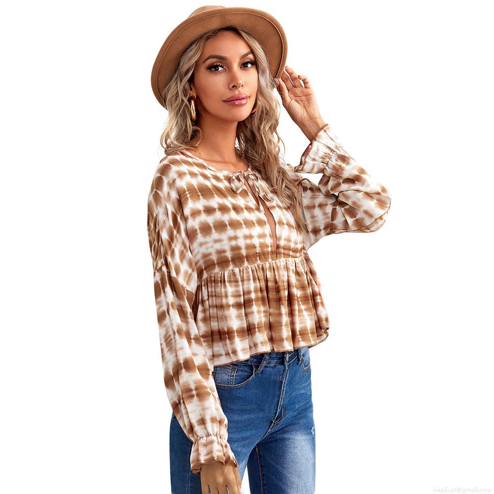 Women Bohemian Sexy Tie-Dye V-Neck Blouse With Drawstring Ruffled Hem Long Sleeve Dropped Shoulder Viscose Shirt Top For Summer Vacation Women Bohemian Sexy Tie-Dye V-Neck Blouse With Drawstring Ruffled Hem Long Sleeve Dropped Shoulder Viscose Shirt Top For Summer Vacation