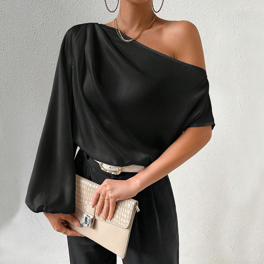 Elegant Women Satin One Shoulder Blouse Sexy Asymmetric Slash Neck Long Sleeve Top Loose Fit Solid Color Shirt For Party Cocktail Work Office Lady Elegant Women Satin One Shoulder Blouse Sexy Asymmetric Slash Neck Long Sleeve Top Loose Fit Solid Color Shirt For Party Cocktail Work Office Lady