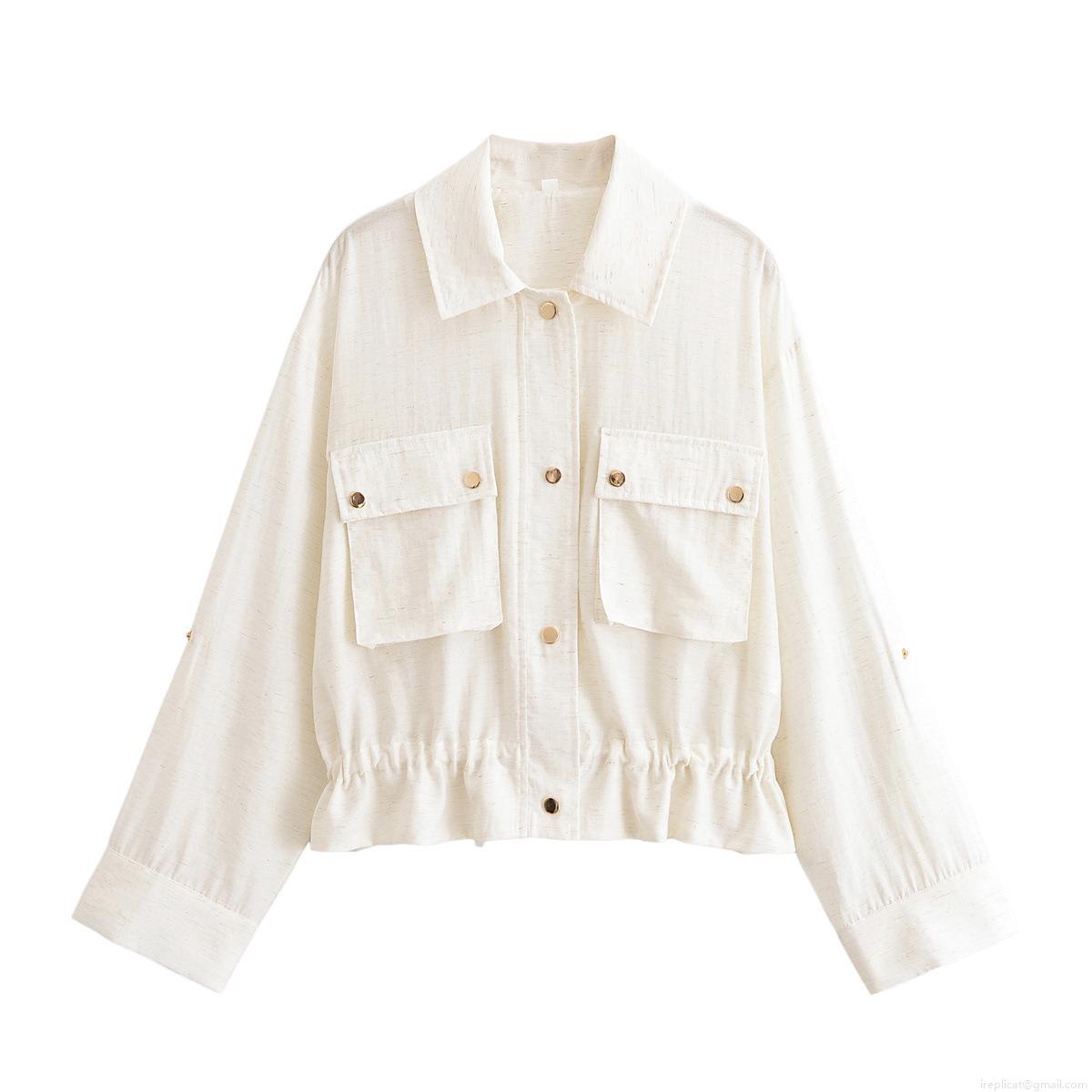 Women Casual Short Blouse Shirt Jacket Lapel Long Sleeve Drawstring Hem Button Down With Chest Pockets 100% Polyester Solid Color Street Style Outwear Women Casual Short Blouse Shirt Jacket Lapel Long Sleeve Drawstring Hem Button Down With Chest Pockets 100% Polyester Solid Color Street Style Outwear