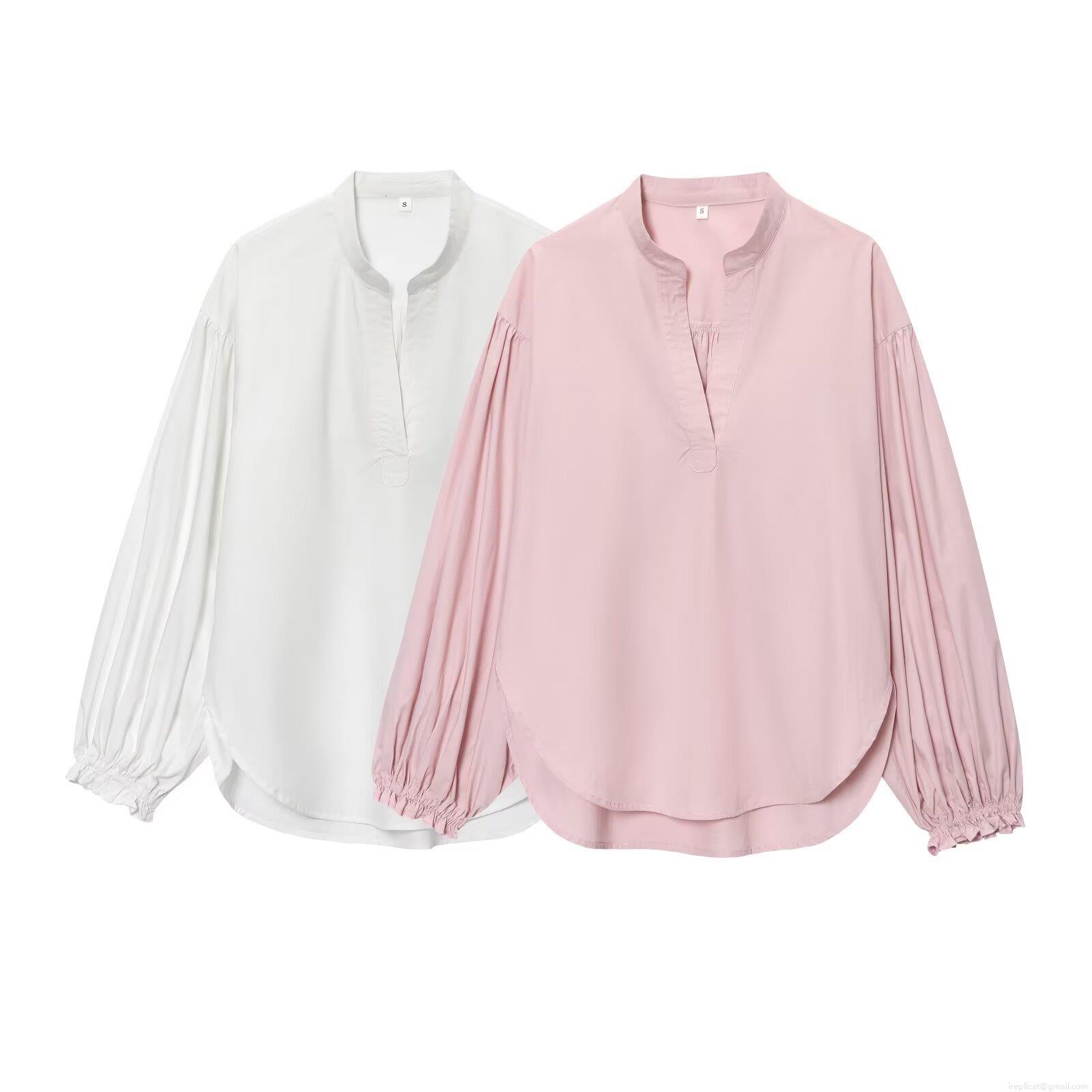 Women's V-Neck Lantern Sleeve Solid Color Shirt Elegant Loose Fit Polyester Long Sleeve Blouse Autumn Streetwear Casual Tops