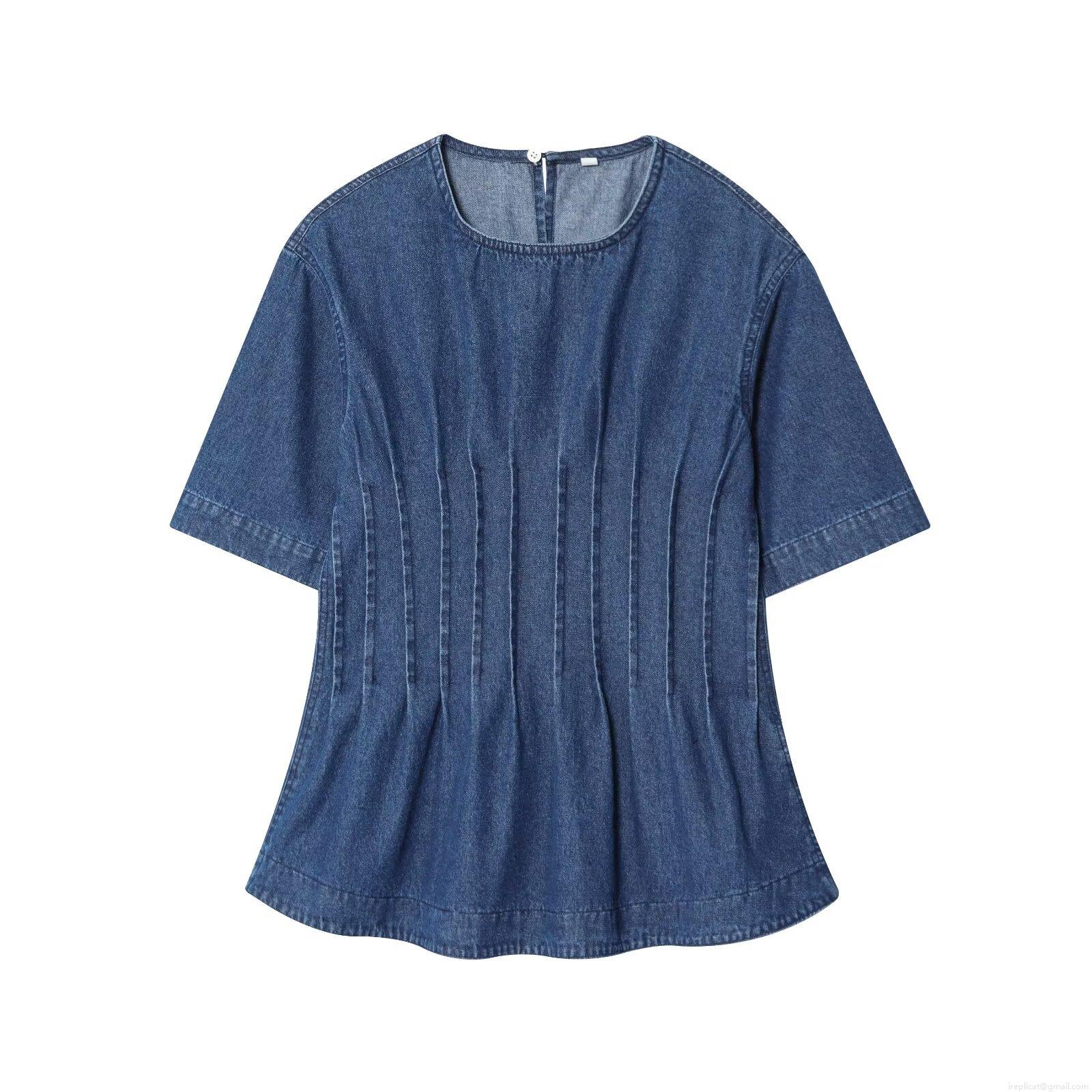 Women's Casual Western Style Denim Blouse Short Sleeve Round Neck Vertical Pleated Waist Cinching Polyester Denim Shirt Back Zipper Top For Daily Wear Streetwear