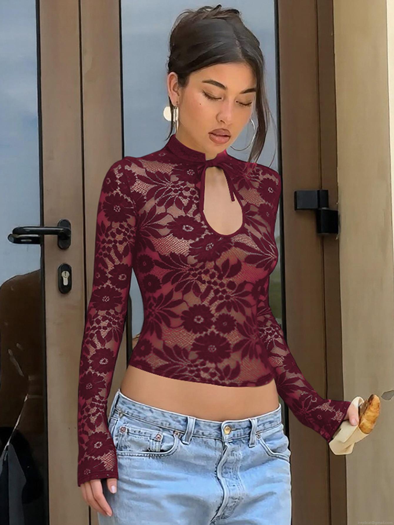 Sexy Floral Lace Long Sleeve Top For Women Transparent Hollow Out Mock Neck Tie-up Blouse Elegant Slim Fit Streetwear Party Clubwear Shirt Sexy Floral Lace Long Sleeve Top For Women Transparent Hollow Out Mock Neck Tie-up Blouse Elegant Slim Fit Streetwear Party Clubwear Shirt