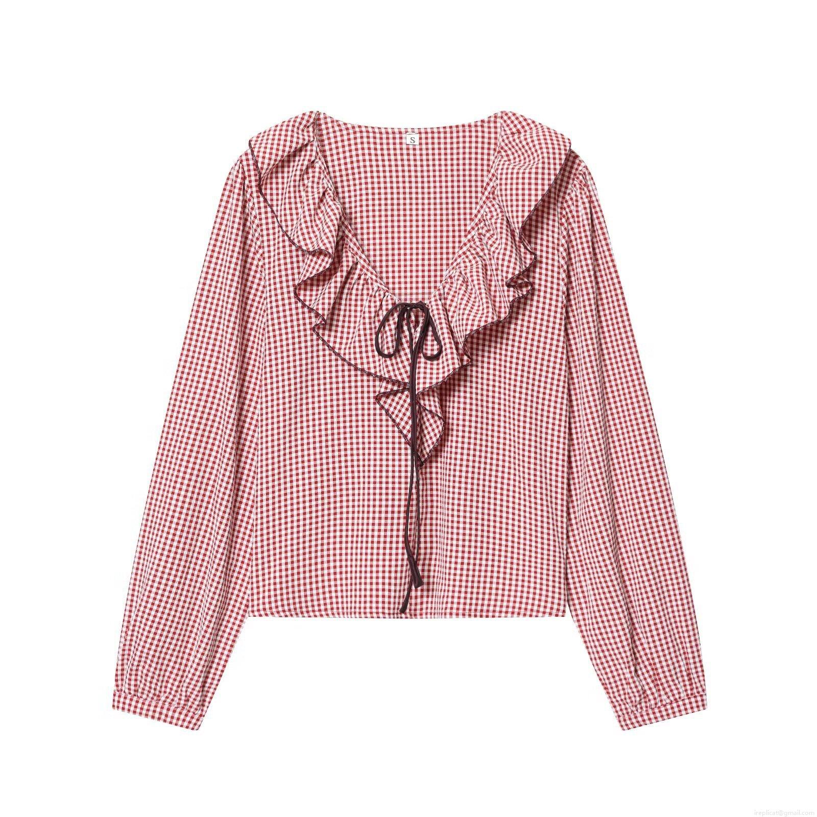 Women's Red White Gingham Plaid Polyester Blouse With Ruffle V-Neck And Lace Up Detail Long Sleeve Loose Fit Casual Streetwear Fall Tops