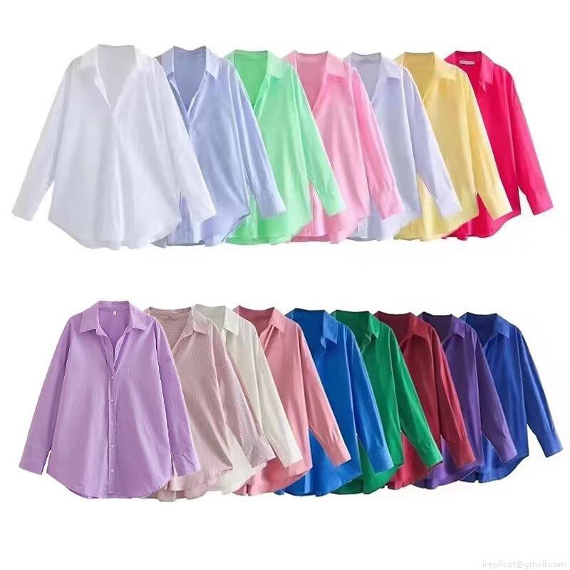 Women's Loose Poplin Button Down Shirt Long Sleeve Lapel Blouse Casual Work Office Tops For Women Solid Color Striped Oversized Shirts Polyester Woven Clothing