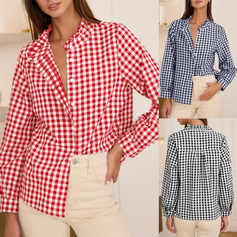 Vintage Sweet Gingham Plaid Shirt Women Wood Ear Ruffle Collar Long Sleeve Blouse Single Breasted Casual Tops Polyester Spandex Spring Autumn Clothing Vintage Sweet Gingham Plaid Shirt Women Wood Ear Ruffle Collar Long Sleeve Blouse Single Breasted Casual Tops Polyester Spandex Spring Autumn Clothing