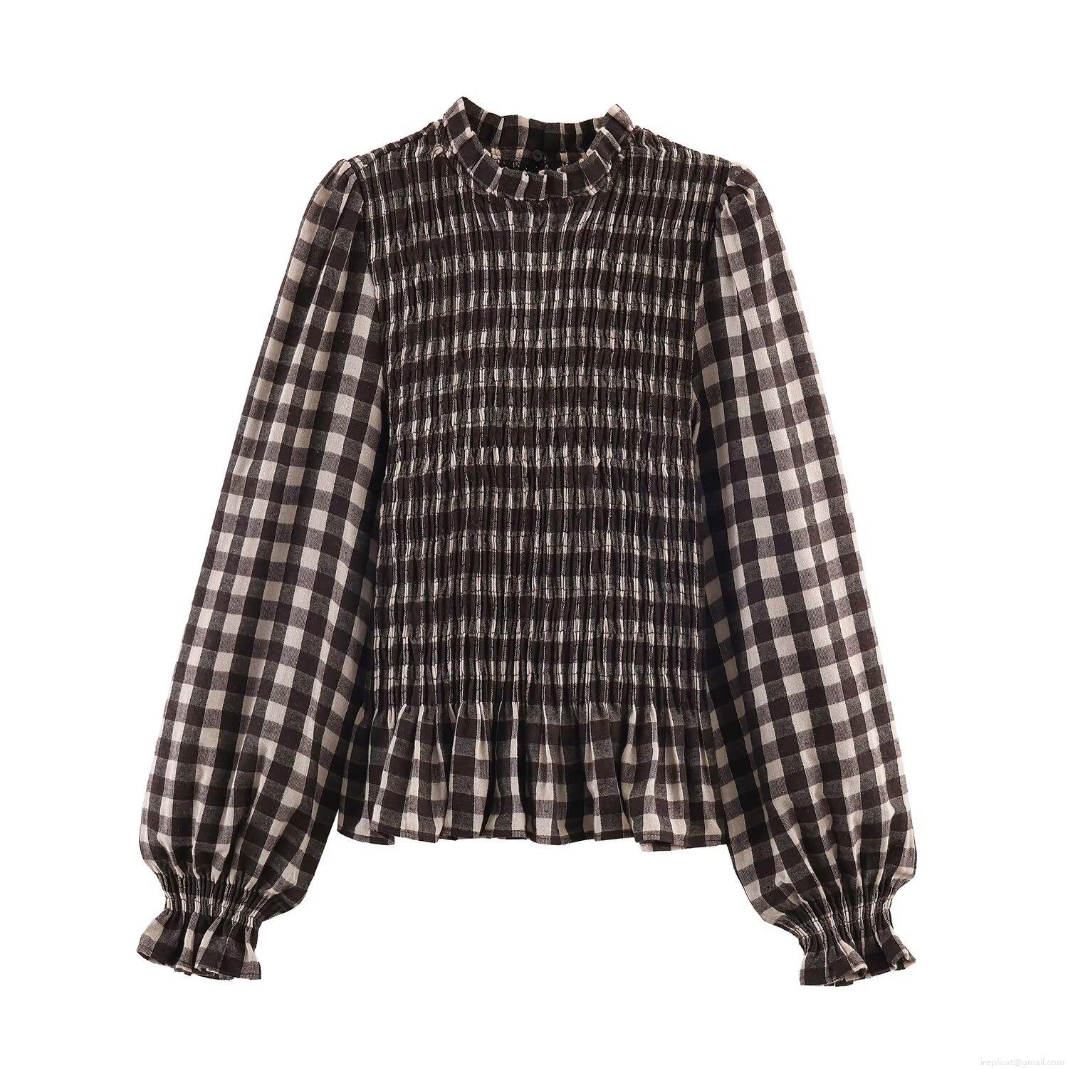Women Retro Plaid Smocked Blouse High Neck Ruffle Trim Long Sleeve Casual Pullover Shirt Polyester Poplin Top For Ladies Women Retro Plaid Smocked Blouse High Neck Ruffle Trim Long Sleeve Casual Pullover Shirt Polyester Poplin Top For Ladies