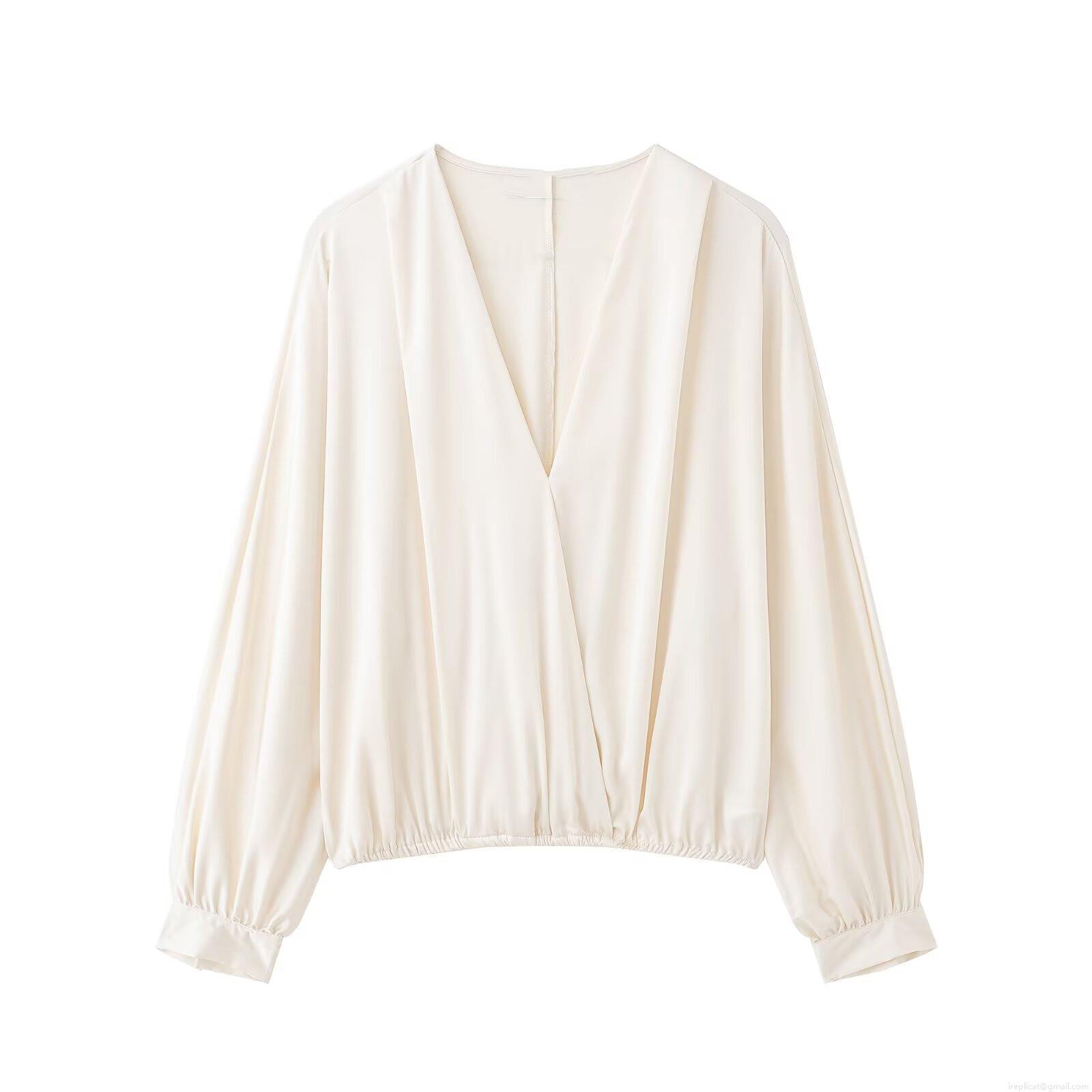 Elegant Women Satin V-Neck Wrap Blouse Long Lantern Sleeve Solid Color Office Lady Silk Texture Chic Top Off-White Polyester Shirt Elegant Women Satin V-Neck Wrap Blouse Long Lantern Sleeve Solid Color Office Lady Silk Texture Chic Top Off-White Polyester Shirt
