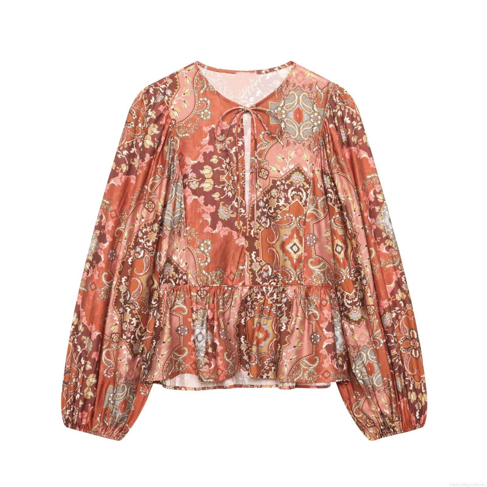 Women Bohemian Paisley Print Long Sleeve Blouse Top With Tie Neck Ruffle Hem Loose Fit Polyester Casual Tunic Shirt For Travel Daily Vacation Women Bohemian Paisley Print Long Sleeve Blouse Top With Tie Neck Ruffle Hem Loose Fit Polyester Casual Tunic Shirt For Travel Daily Vacation