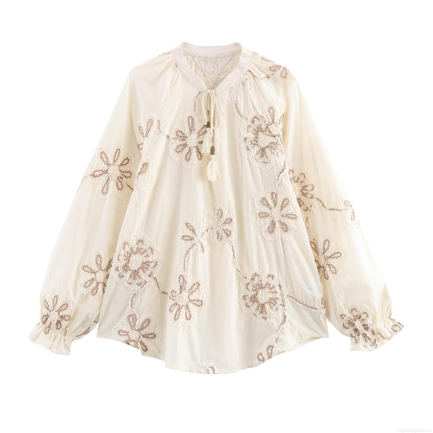 Women's Elegant Floral Embroidery Blouse Lantern Sleeve Tassel Tie Neck Hollow Out Polyester Spandex Pullover Shirt Bohemian Top Women's Elegant Floral Embroidery Blouse Lantern Sleeve Tassel Tie Neck Hollow Out Polyester Spandex Pullover Shirt Bohemian Top