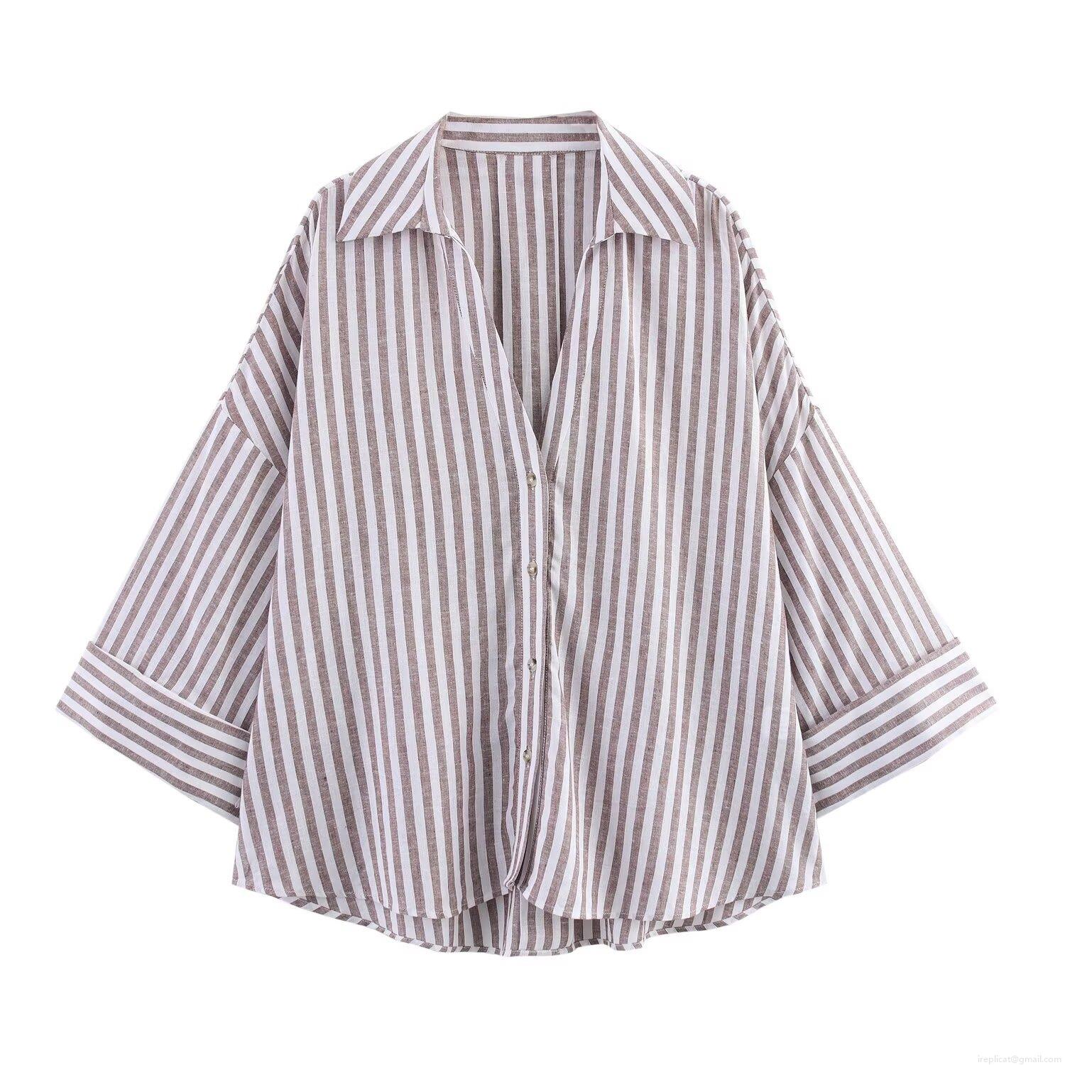 Women's Striped Linen Blend Shirt Casual V-Neck Button Down 3/4 Wide Sleeve Loose Blouse For Daily Office Wear Light Brown Spring Summer Top Women's Striped Linen Blend Shirt Casual V-Neck Button Down 3/4 Wide Sleeve Loose Blouse For Daily Office Wear Light Brown Spring Summer Top