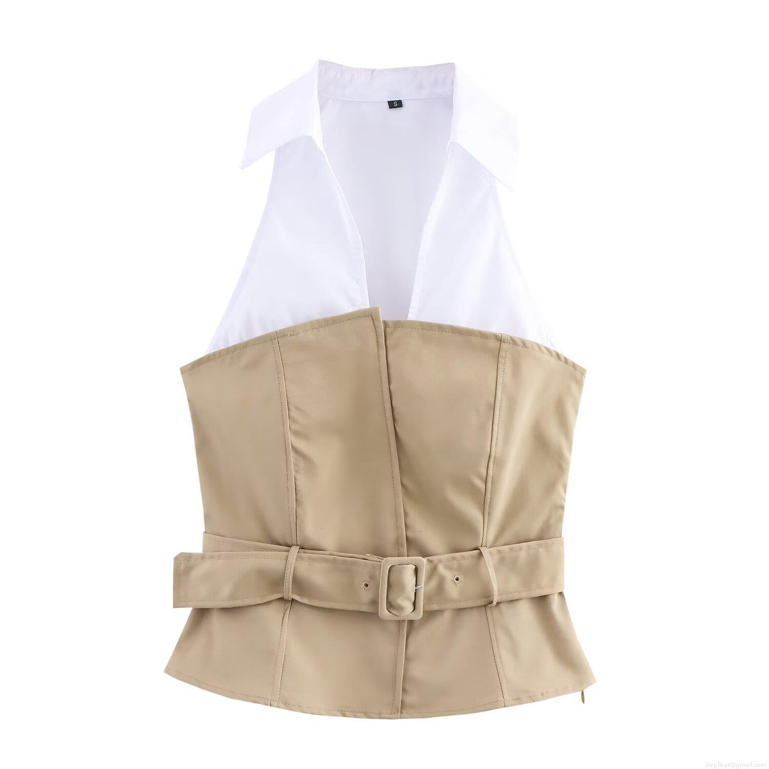 Women's Halter Neck Spliced Top Elegant Patchwork Bandeau Style Blouse With Belt Slim Fit Cotton Blend Sleeveless Shirt For Office Commuting Daily Wear Women's Halter Neck Spliced Top Elegant Patchwork Bandeau Style Blouse With Belt Slim Fit Cotton Blend Sleeveless Shirt For Office Commuting Daily Wear