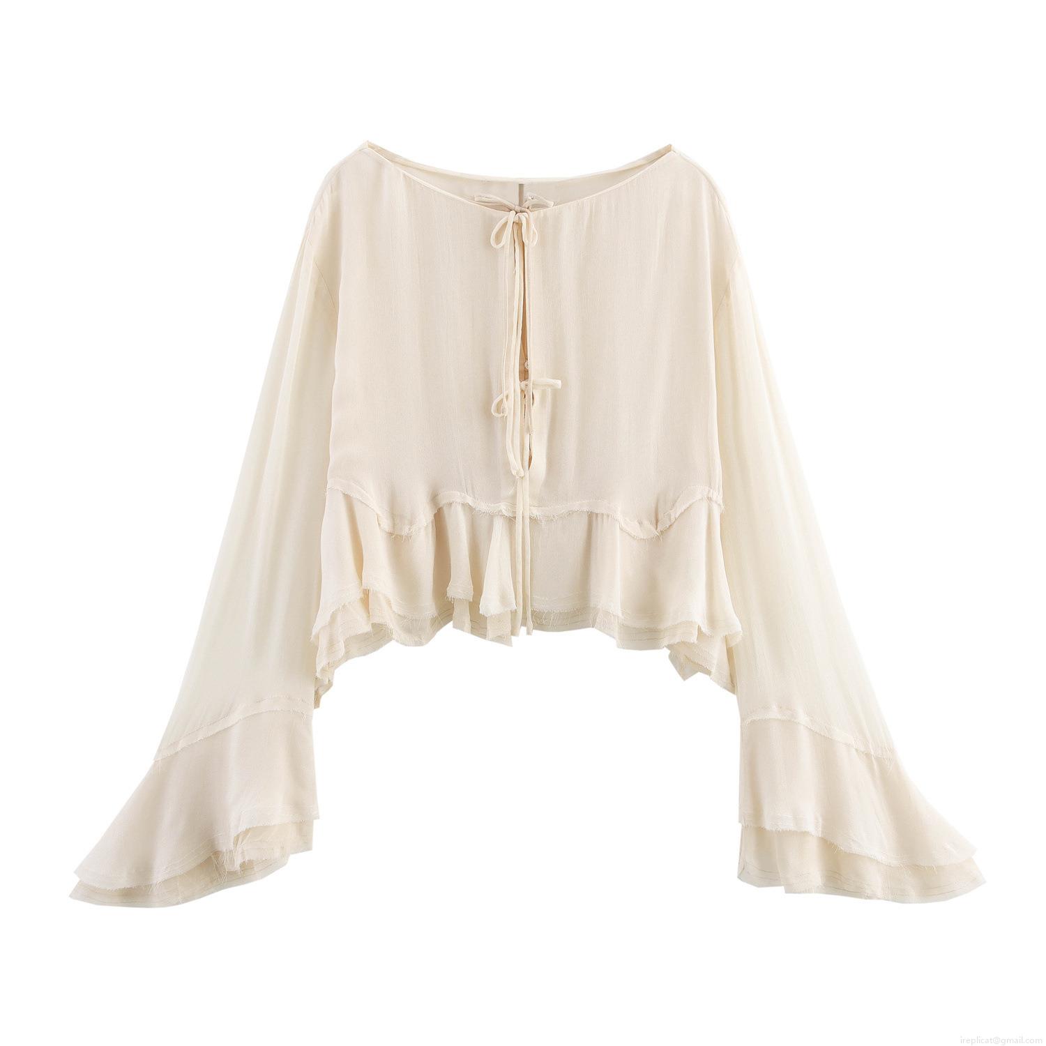 Elegant Women's Chiffon Blouse With Ruffle Flared Sleeve And Tie-Neck Fashion Solid Color Loose Short Top For Office Casual Party Elegant Women's Chiffon Blouse With Ruffle Flared Sleeve And Tie-Neck Fashion Solid Color Loose Short Top For Office Casual Party