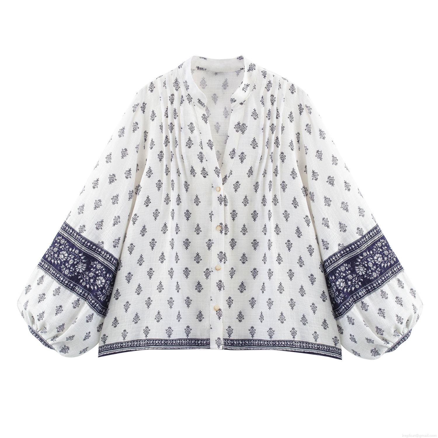Women Ethnic Printed V-Neck Lantern Sleeve Button Down Blouse Shirt Cotton Linen Feel Loose Casual Spring Summer Boho Style Top Clothing Women Ethnic Printed V-Neck Lantern Sleeve Button Down Blouse Shirt Cotton Linen Feel Loose Casual Spring Summer Boho Style Top Clothing