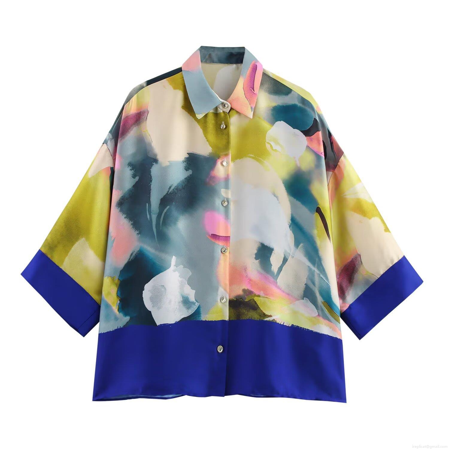Women's Artistic Print Blouse Satin Texture Abstract Ink Half Sleeve Button Down Casual Shirt Loose Summer Tops For Women Women's Artistic Print Blouse Satin Texture Abstract Ink Half Sleeve Button Down Casual Shirt Loose Summer Tops For Women
