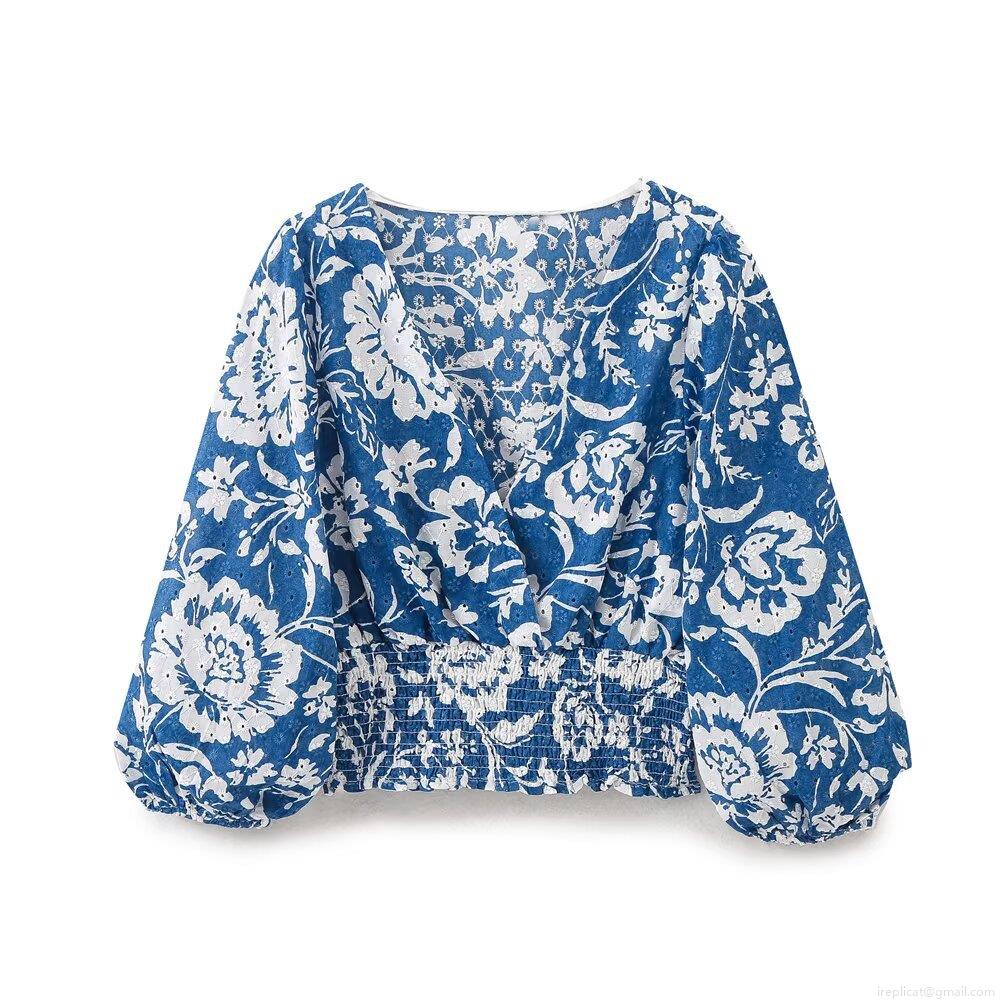 Women's Floral Print Embroidery Blouse V Neck Puff Long Sleeve Smocked Waist Cotton Blend Elegant Vacation Holiday Style Summer Crop Top Women's Floral Print Embroidery Blouse V Neck Puff Long Sleeve Smocked Waist Cotton Blend Elegant Vacation Holiday Style Summer Crop Top