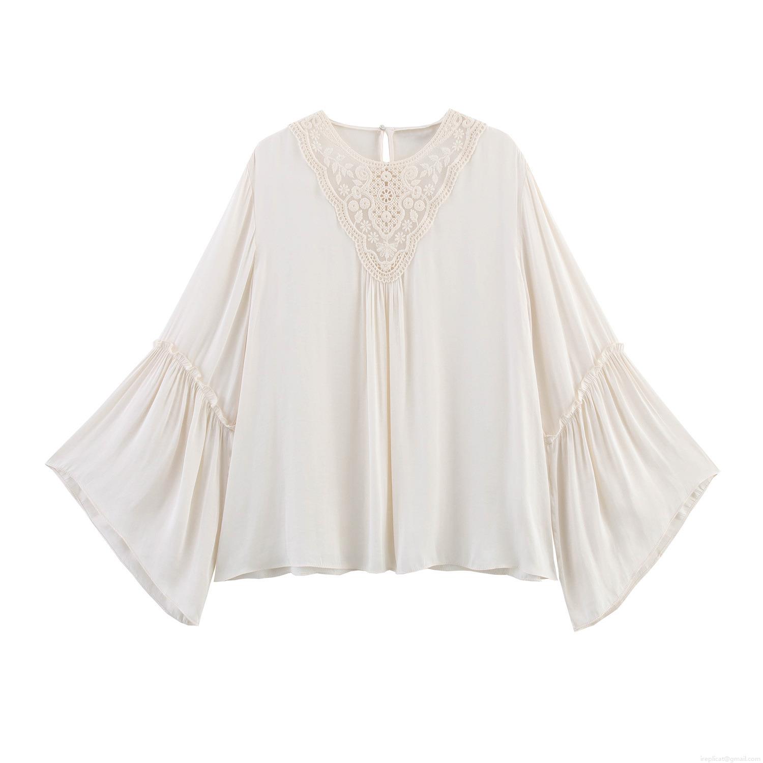 Women's Vintage Ethnic Embroidery Lace Blouse Elegant Pleated Long Sleeve Ruffle Cuff Solid Off-white Chiffon Shirt Loose Casual Palace Style Top Women's Vintage Ethnic Embroidery Lace Blouse Elegant Pleated Long Sleeve Ruffle Cuff Solid Off-white Chiffon Shirt Loose Casual Palace Style Top