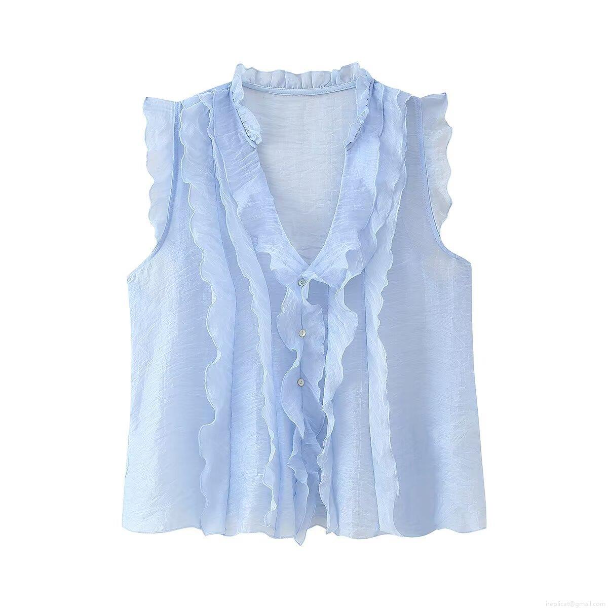 Women's Summer Sleeveless V-Neck Ruffle Blouse Sweet Tiered Decorative Sky Blue Polyester Spandex Lightweight Casual Top For Daily Vacation Women's Summer Sleeveless V-Neck Ruffle Blouse Sweet Tiered Decorative Sky Blue Polyester Spandex Lightweight Casual Top For Daily Vacation