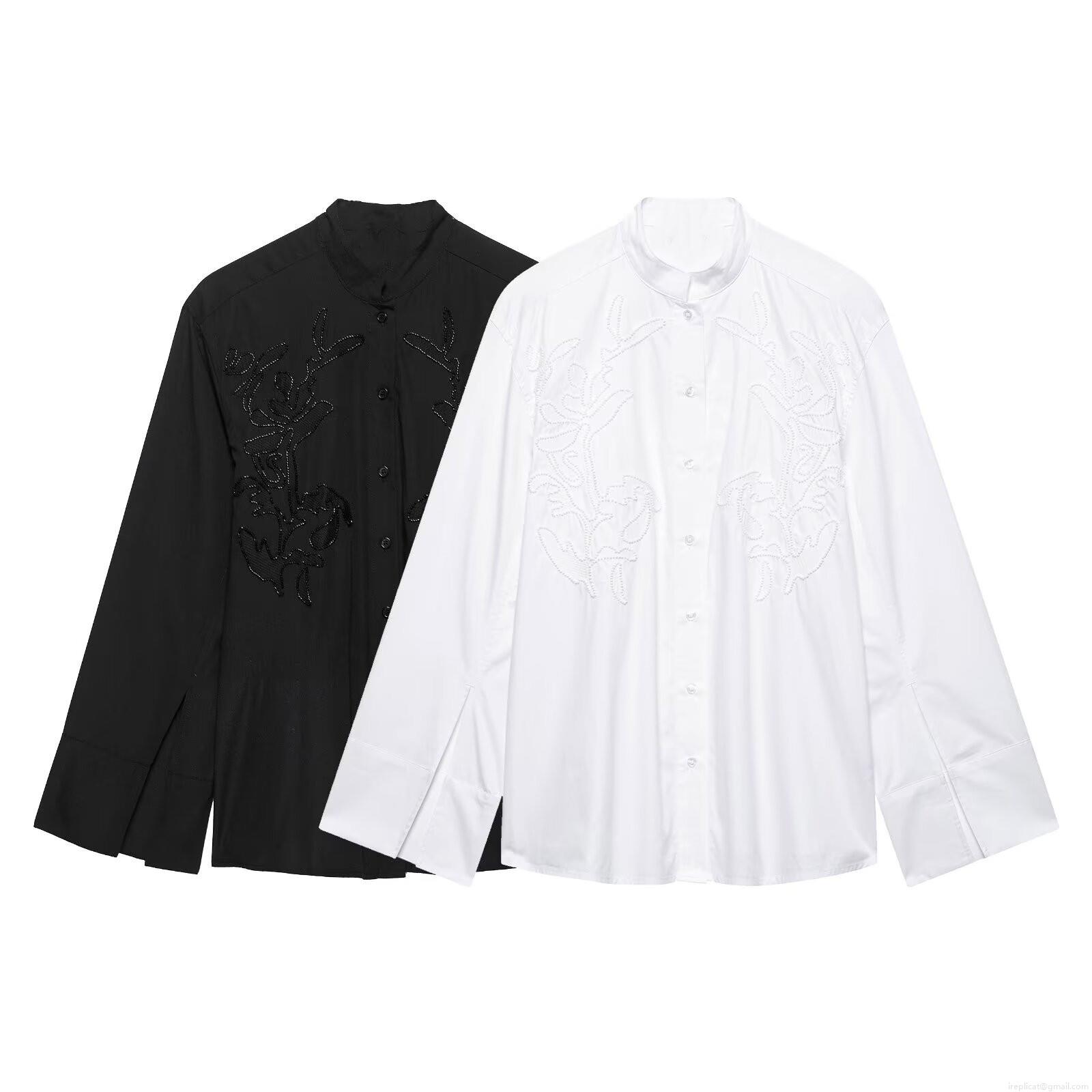 Elegant Women Polyester Woven Blouse Floral Vine Embroidery Stand Collar Side Slit Long Sleeve Single Breasted Casual Office Work Shirt Elegant Women Polyester Woven Blouse Floral Vine Embroidery Stand Collar Side Slit Long Sleeve Single Breasted Casual Office Work Shirt