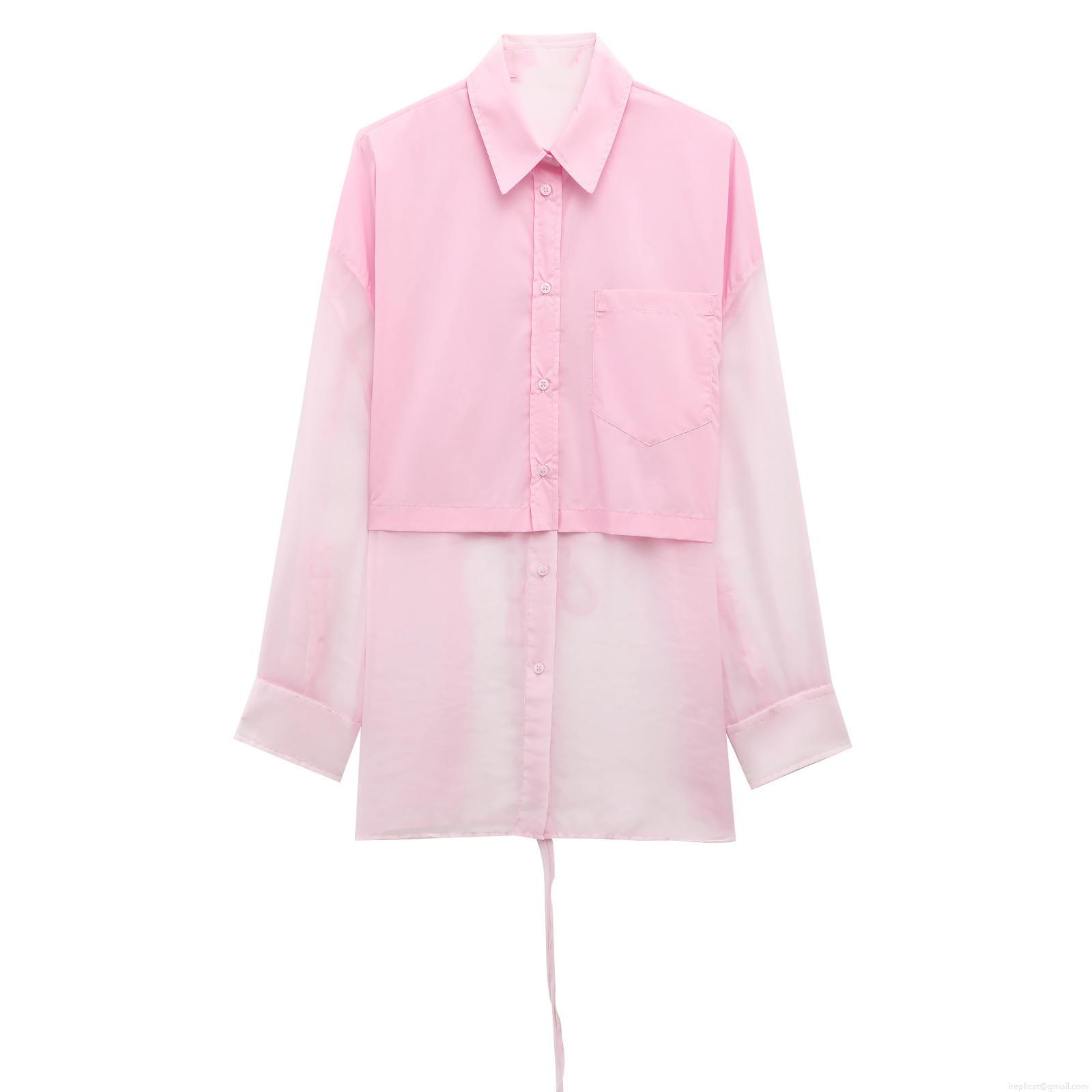 Women's Pink Patchwork Long Sleeve Shirt Sheer Organza Mesh Button Up Blouse With Back Tie Bow Sweet Casual Loose Summer Tops For Ladies Women's Pink Patchwork Long Sleeve Shirt Sheer Organza Mesh Button Up Blouse With Back Tie Bow Sweet Casual Loose Summer Tops For Ladies